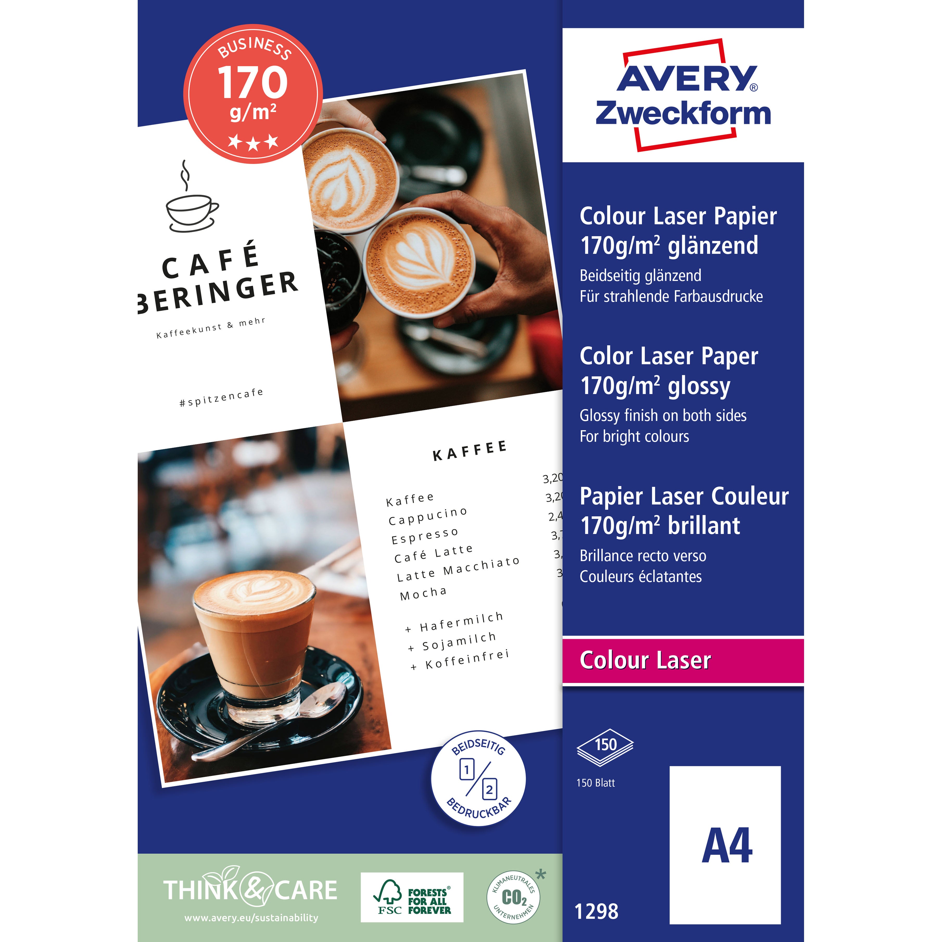 AVERY ZWECKFORM Laser Fotopapier A4 1298Z 170g, weiss 150 Blatt
