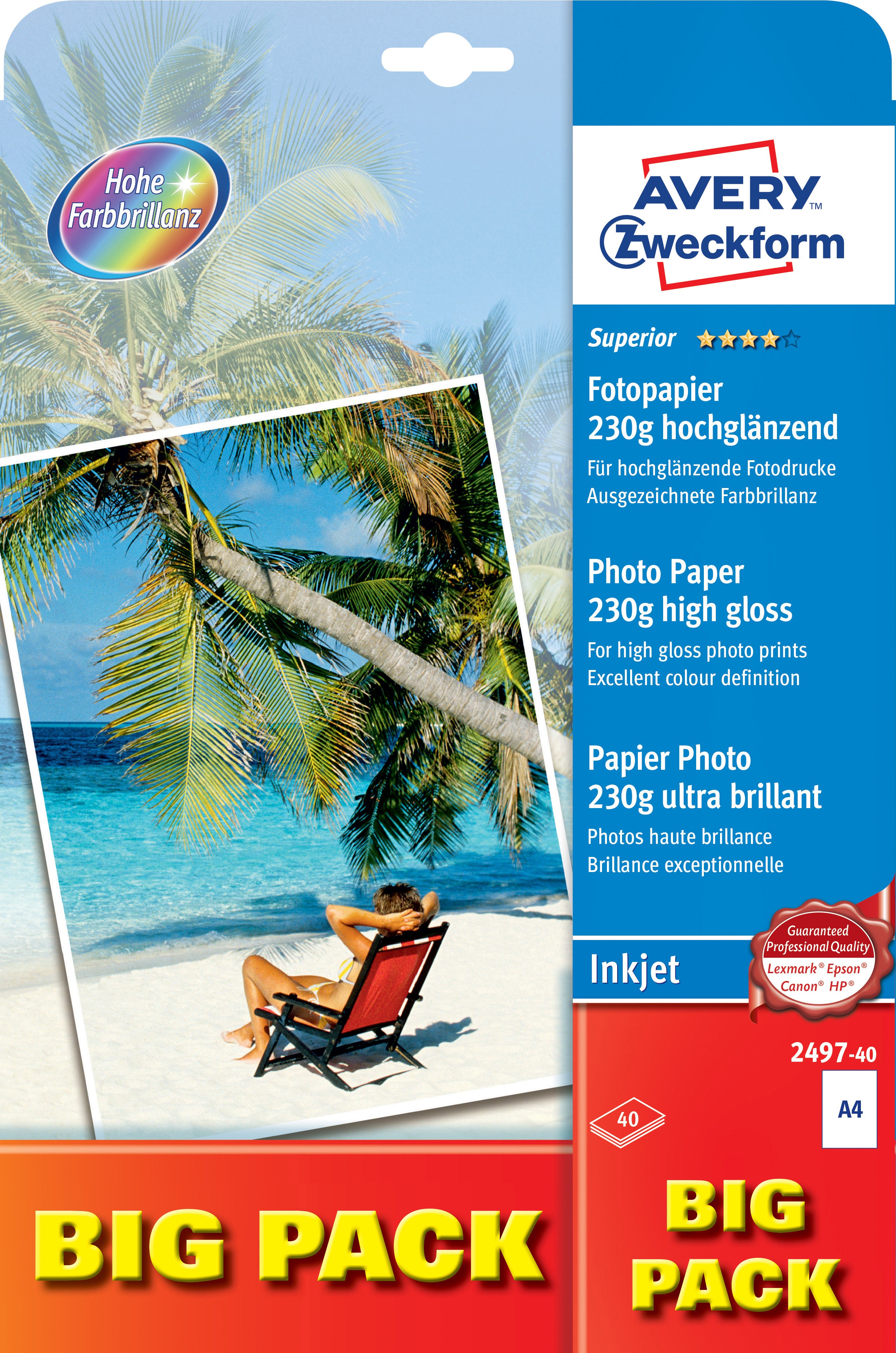 AVERY ZWECKFORM InkJet Fotopapier A4 2497-40 230g,glossy, weiss 40 Blatt