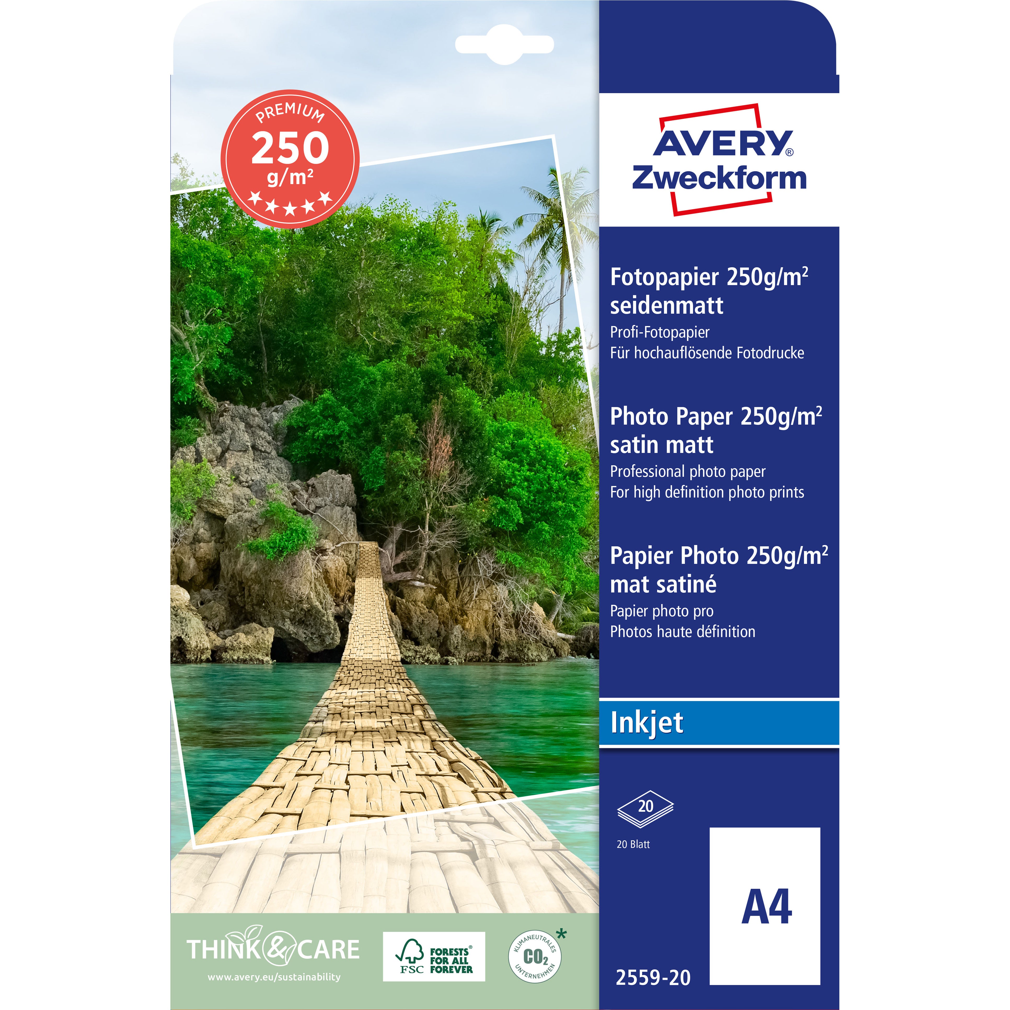 AVERY ZWECKFORM InkJet Fotopapier A4 2559-20 250g,matt, weiss 20 Blatt