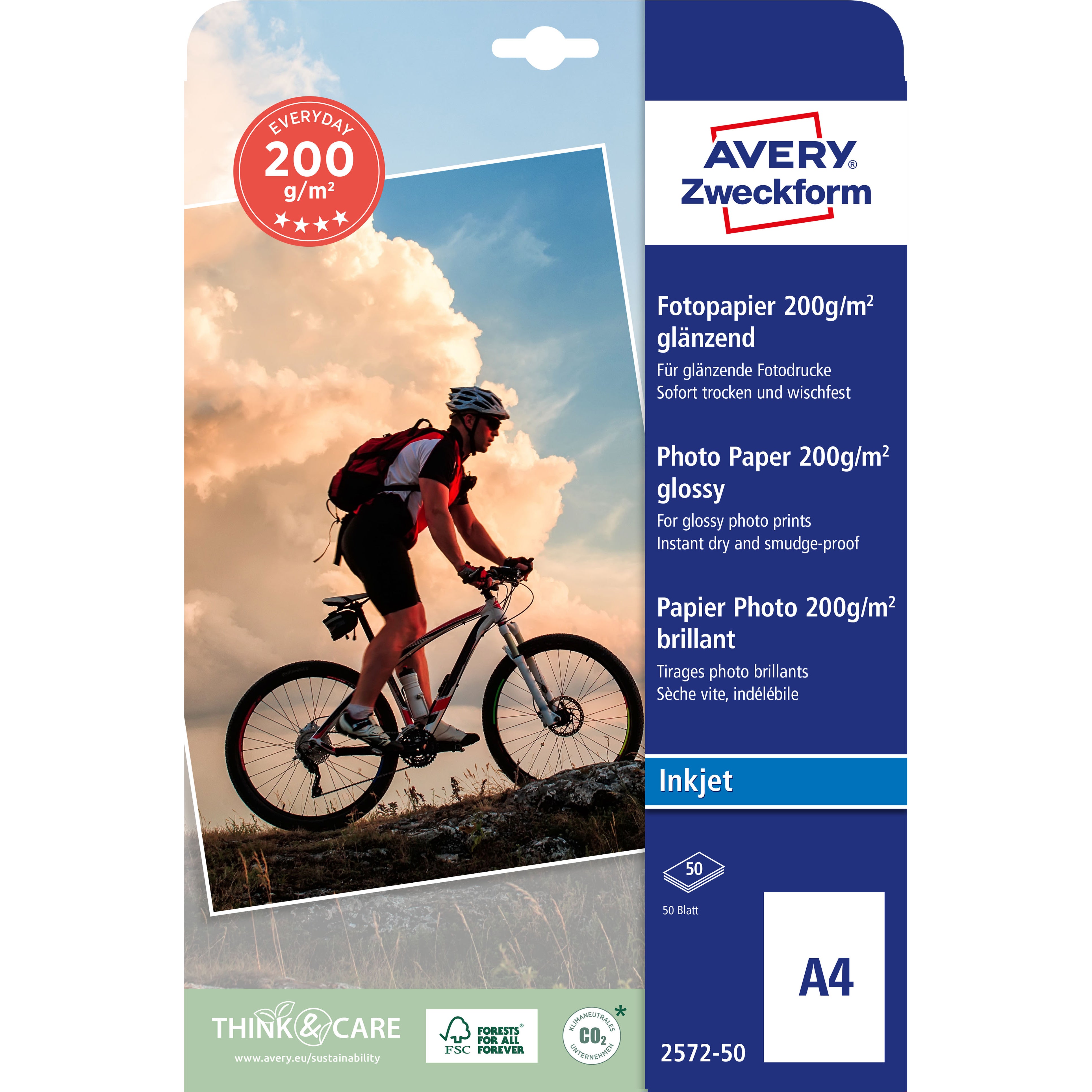 AVERY ZWECKFORM InkJet Fotopapier A4 2572-50 200g,glossy, weiss 50 Blatt