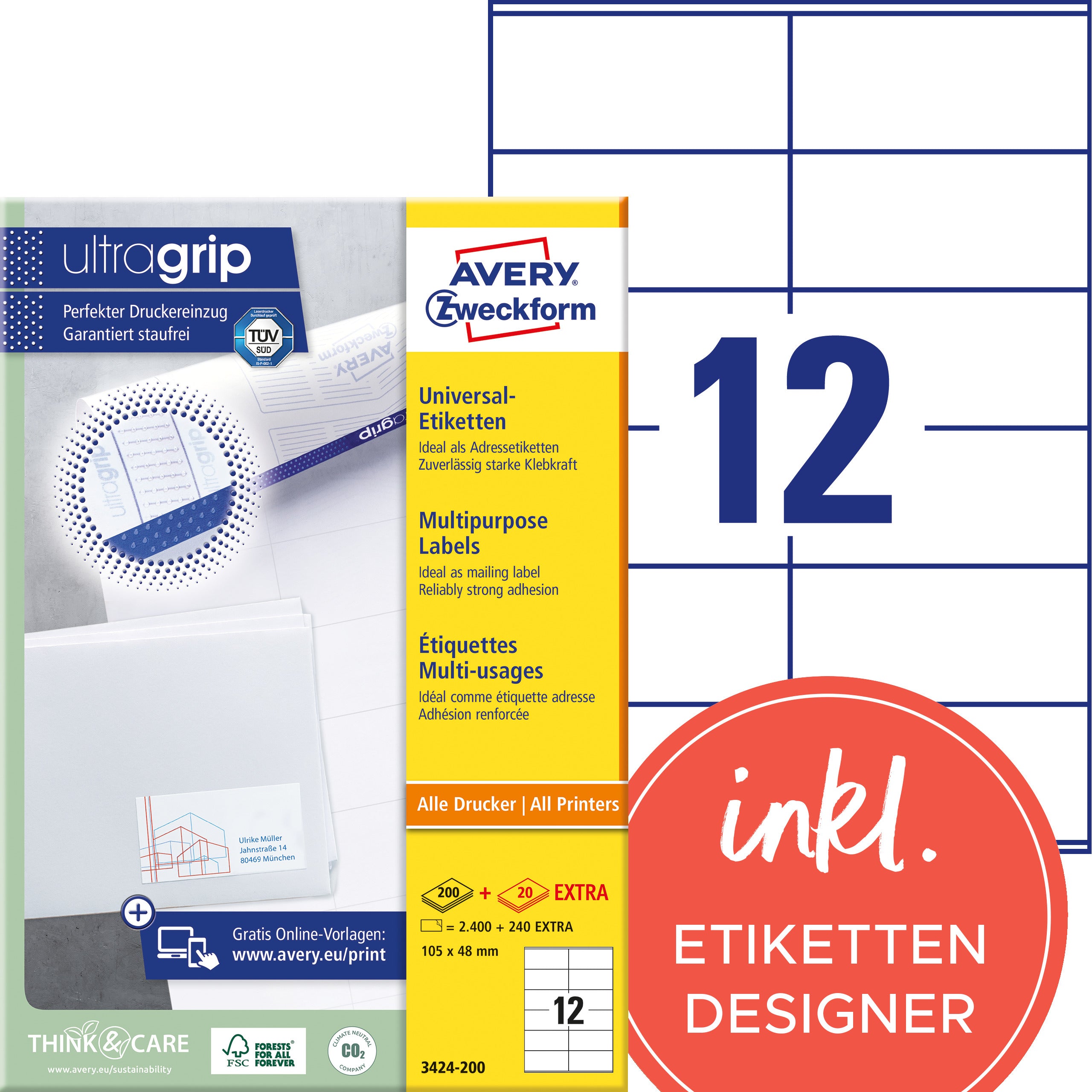 AVERY ZWECKFORM Etiketten 105x48mm 3424-200 weiss 2640 Stk./200+20 Blatt