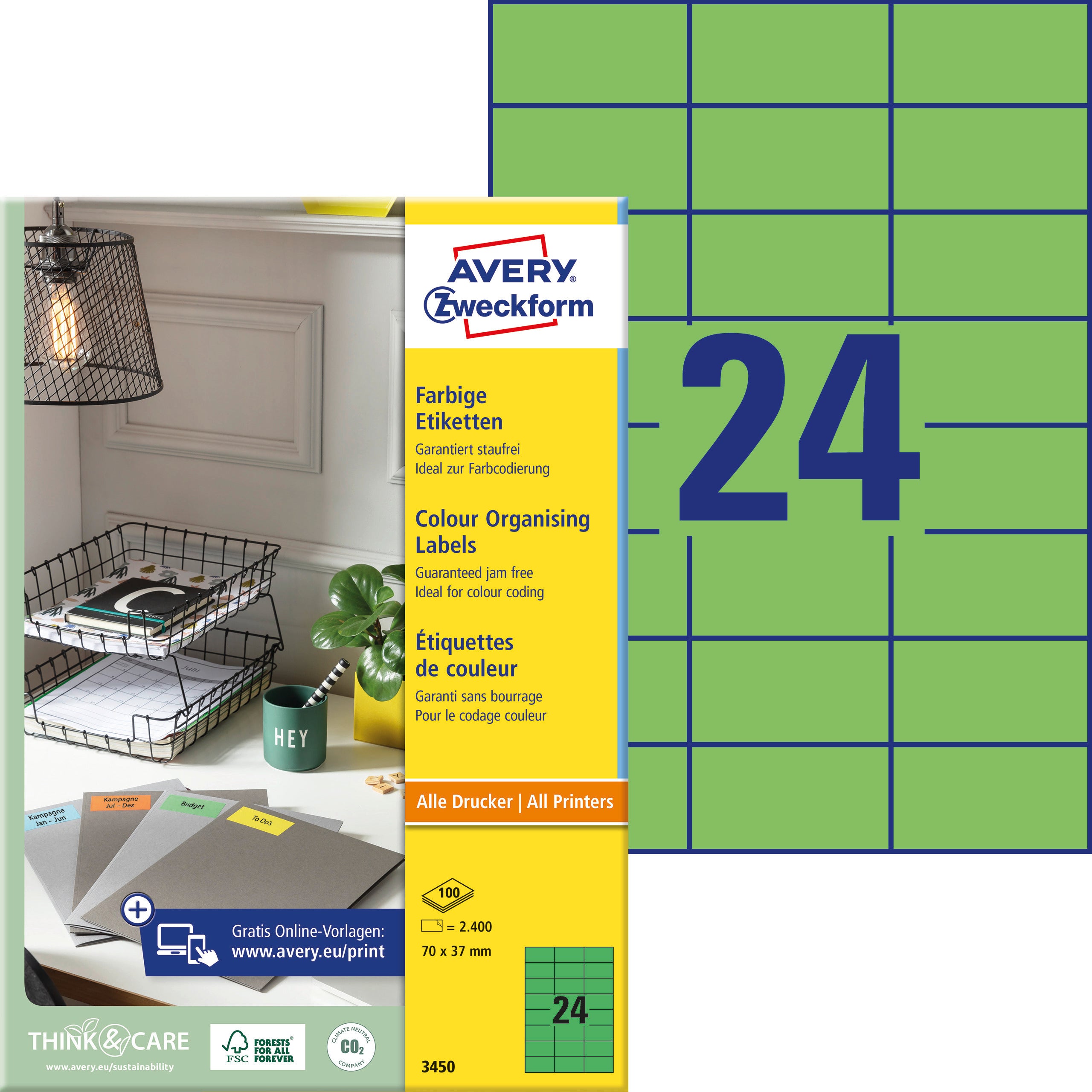 AVERY ZWECKFORM Etiketten 70×37mm 3450 grün 2400 Stück