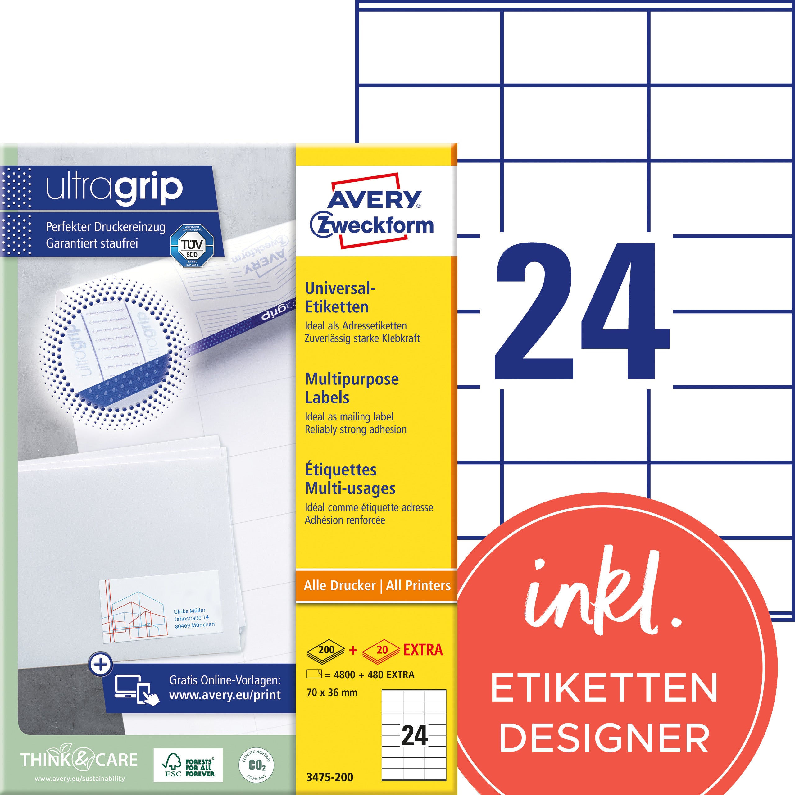 AVERY ZWECKFORM Etiketten 70x36mm 3475-200 weiss 5280 Stk./200+20 Blatt