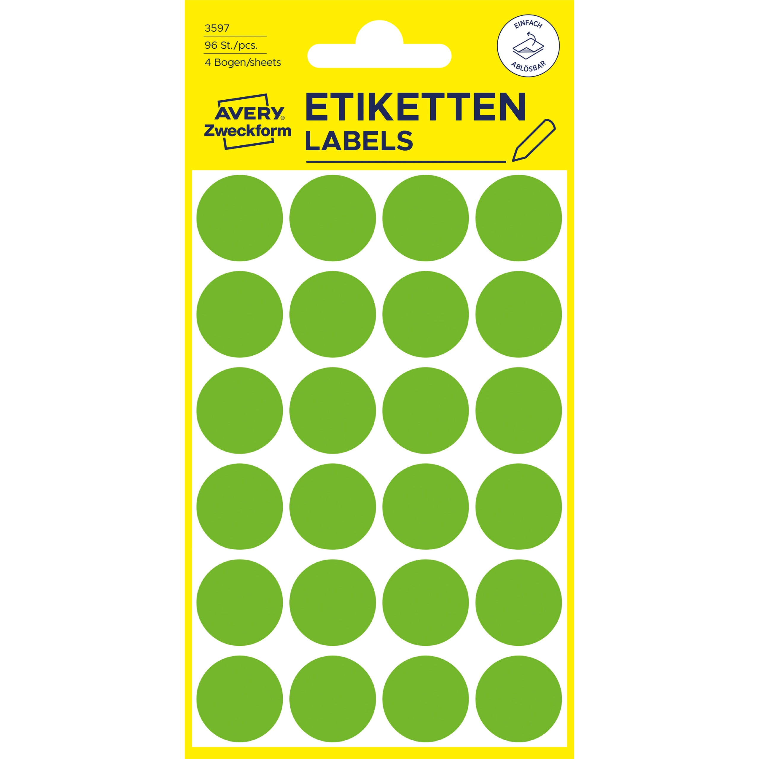 AVERY ZWECKFORM Markierungspunkte 18mm 3597 Grün, ablösbar 4 Blatt