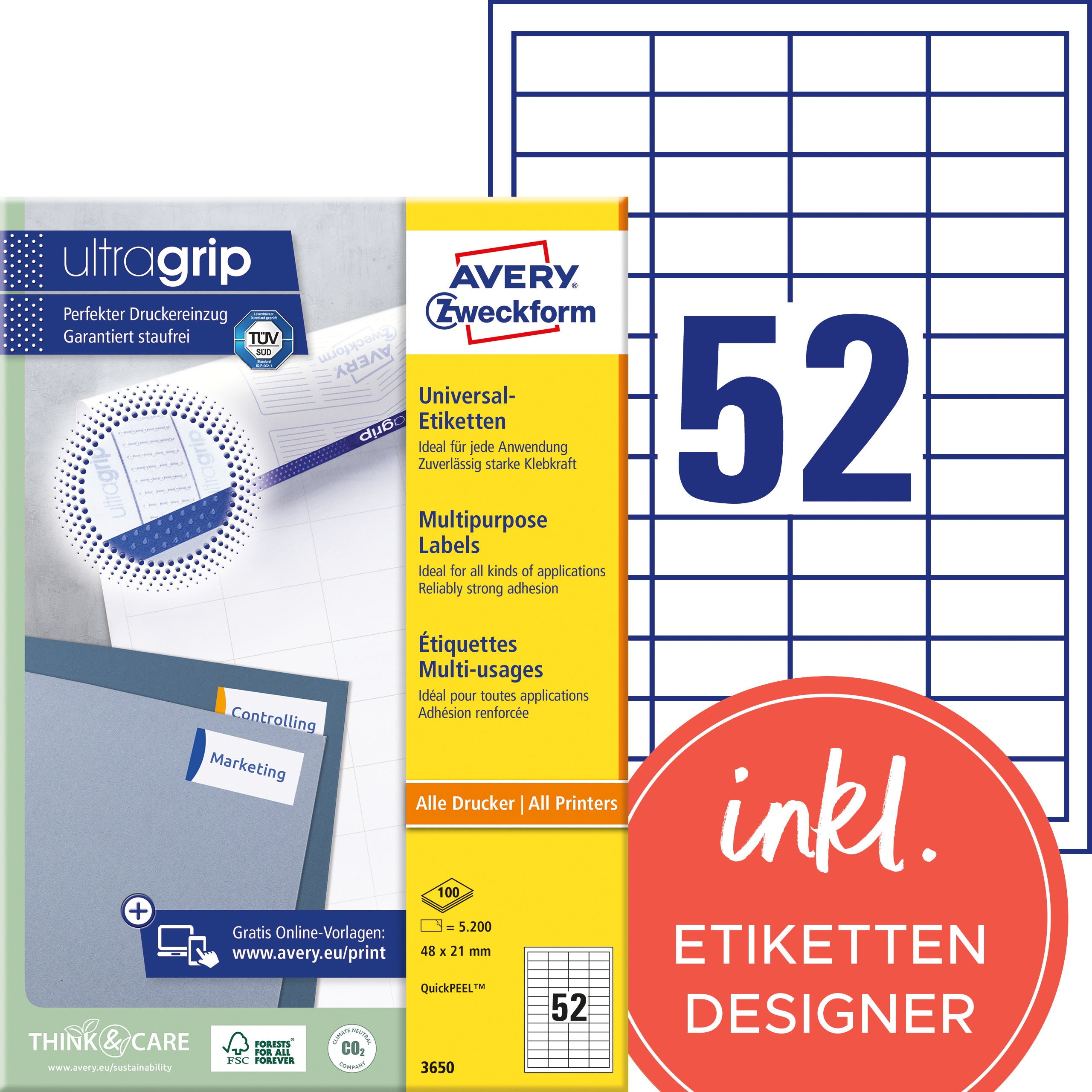 AVERY ZWECKFORM Etiketten 48x21mm 3650 weiss 5200 Stk./100 Blatt