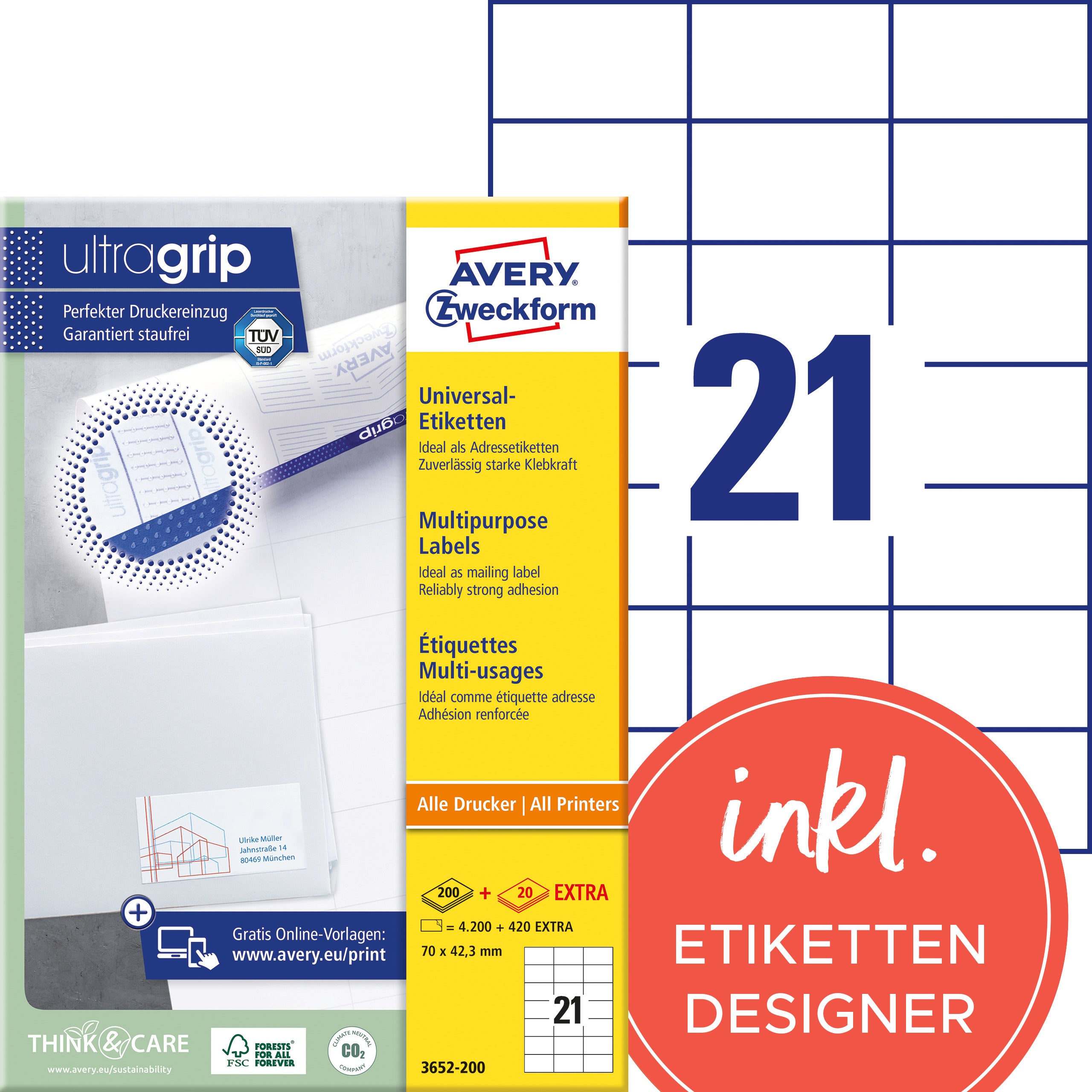 AVERY ZWECKFORM Etiketten 70x42,3mm 3652-200 weiss 4620 Stk./200+20 Blatt