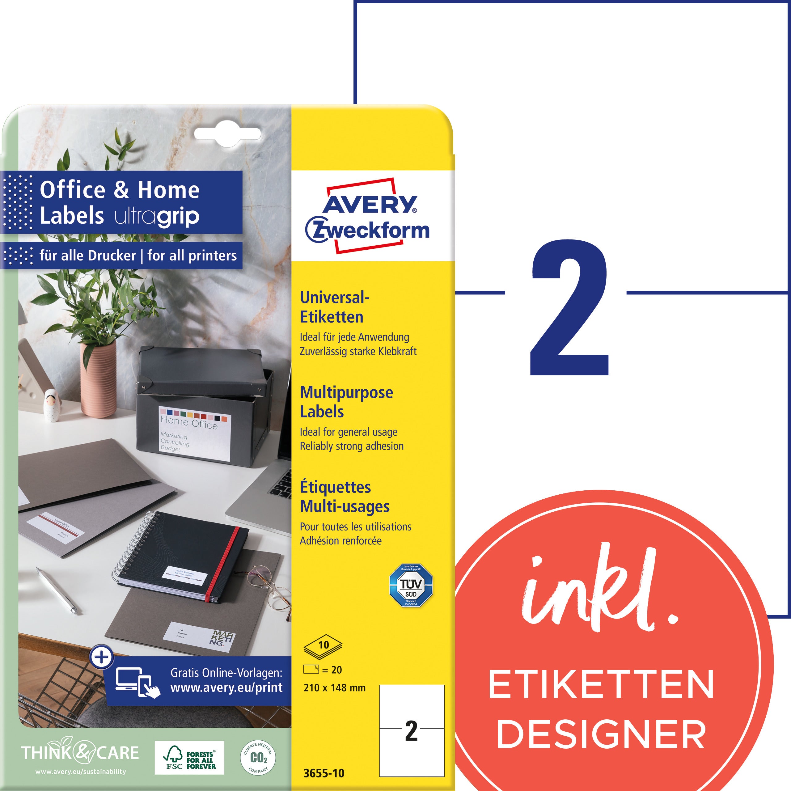 AVERY ZWECKFORM Universal-Etiketten 210x148mm 3655-10 weiss 20 Stk./10 Blatt