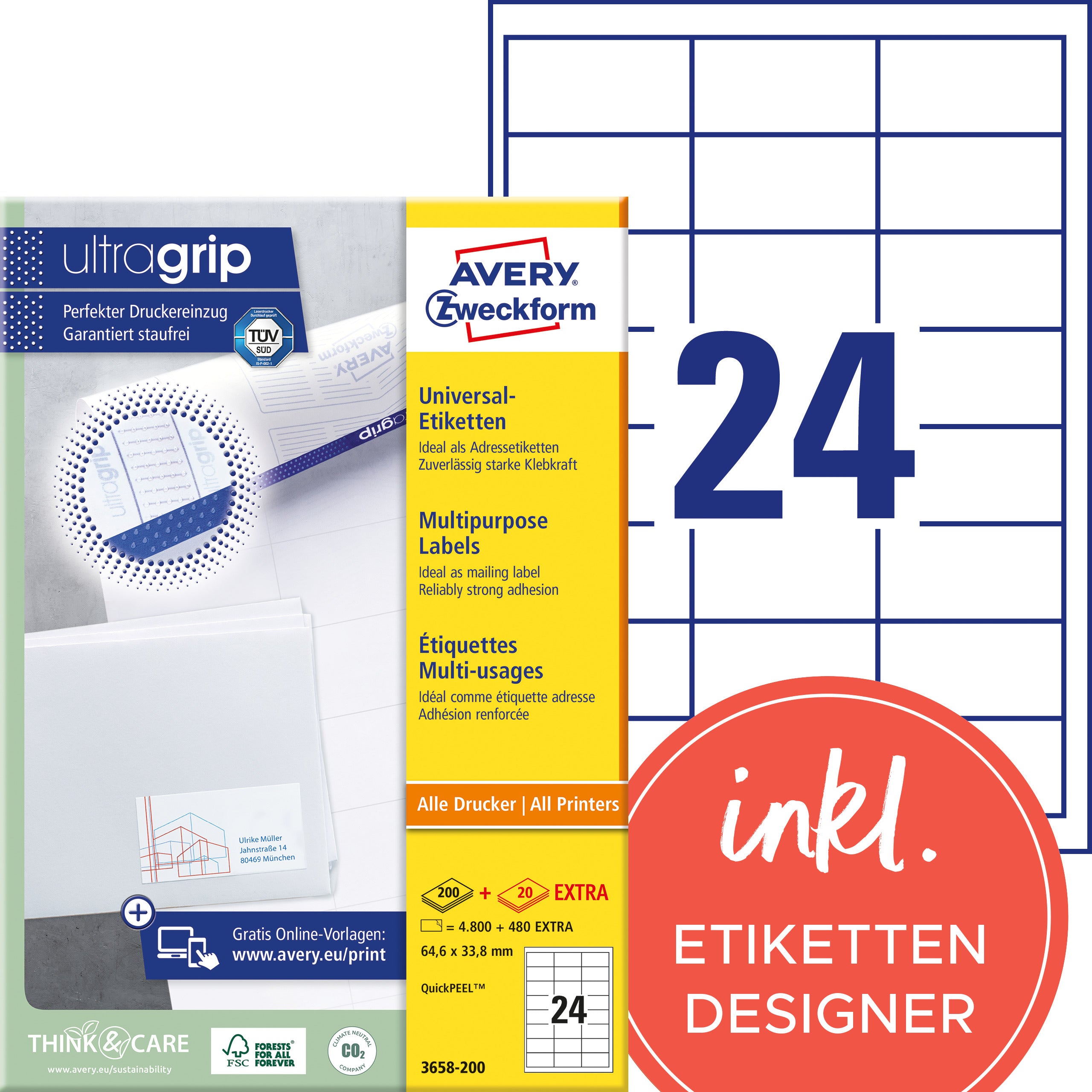 AVERY ZWECKFORM Etiketten 64,6x33,8mm 3658-200 weiss 5280 Stk./200+20 Blatt