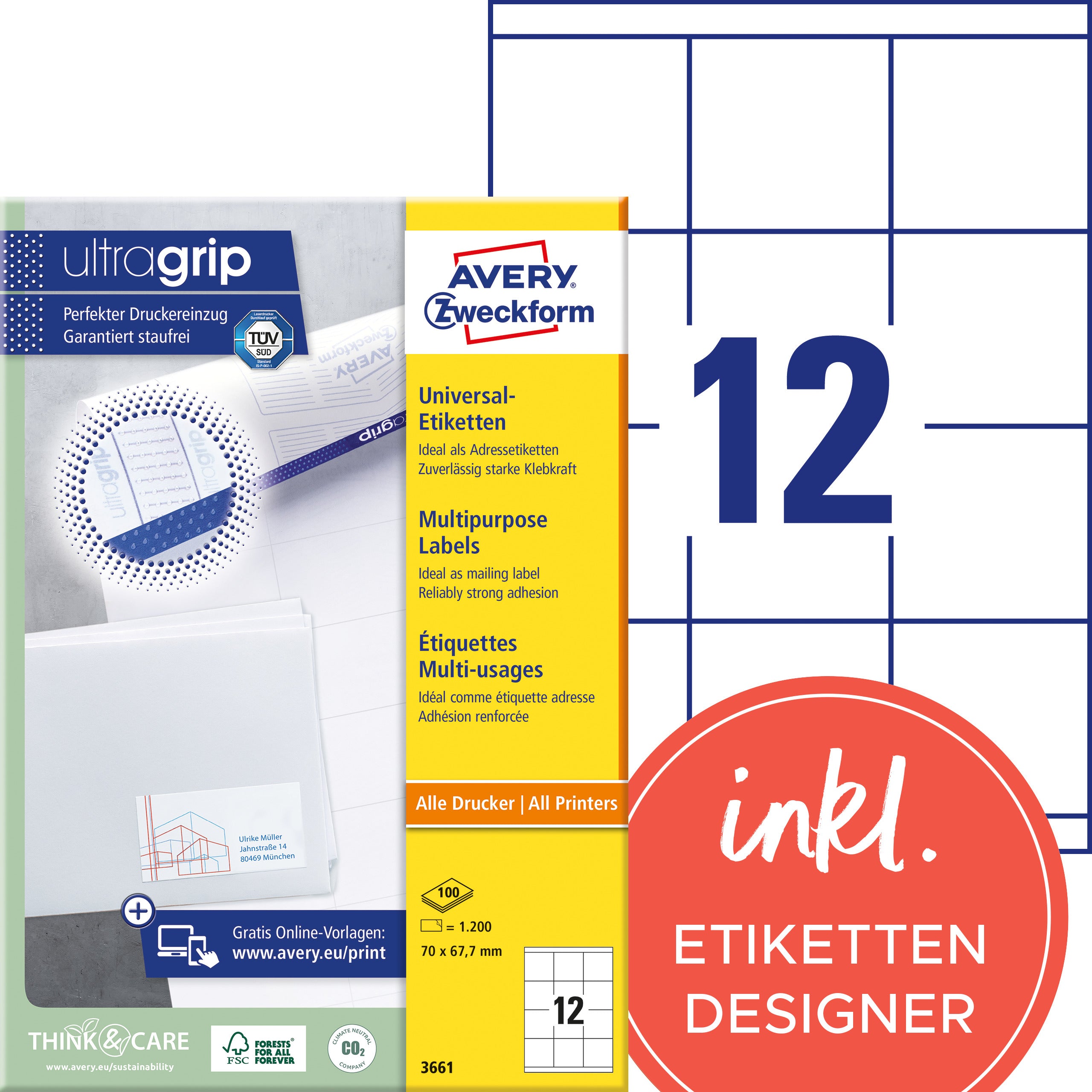 AVERY ZWECKFORM Etiketten 70×67,7mm 3661 weiss 1200 Stk./100 Blatt