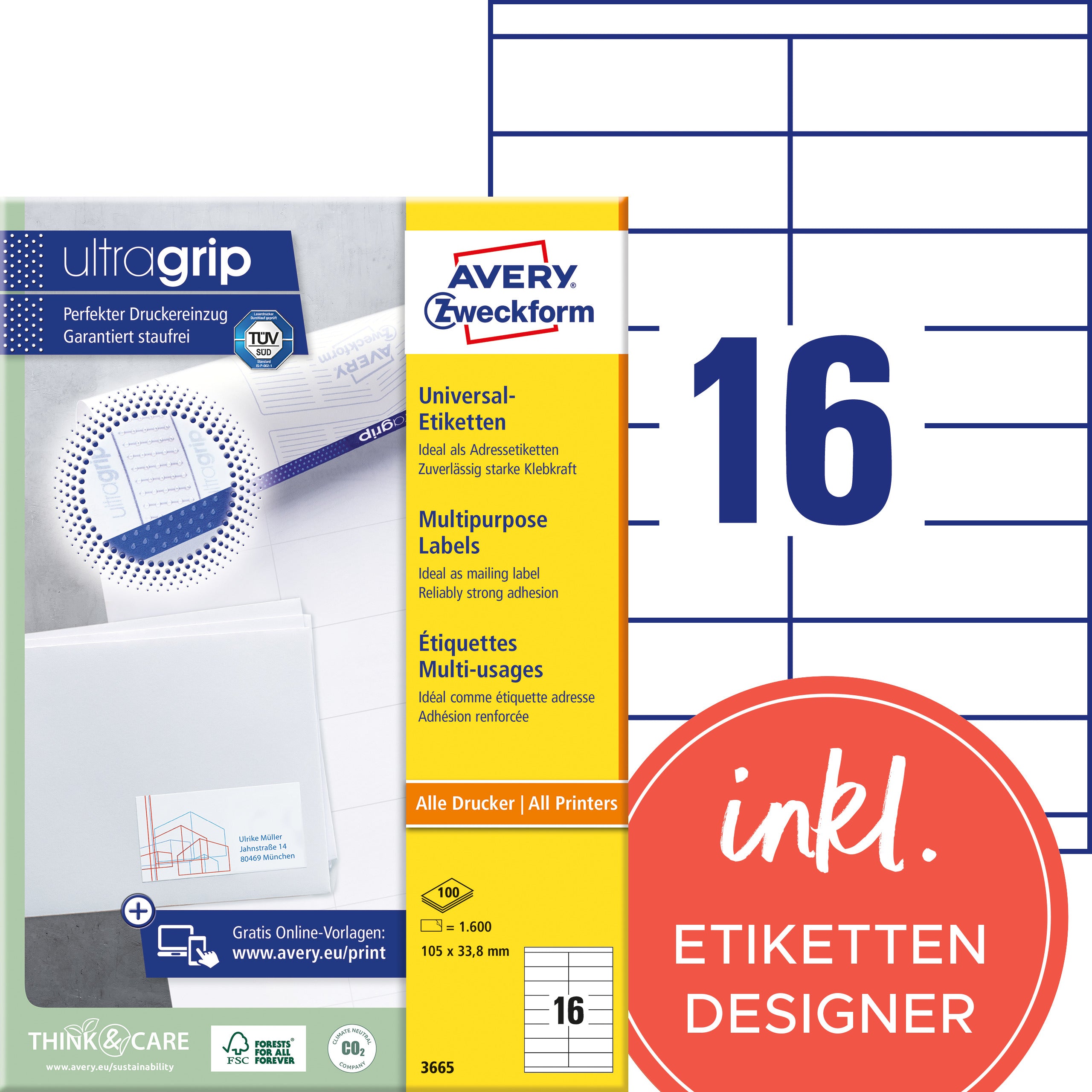 AVERY ZWECKFORM Etiketten 105×33,8mm 3665 weiss 1600 Stk./100 Blatt