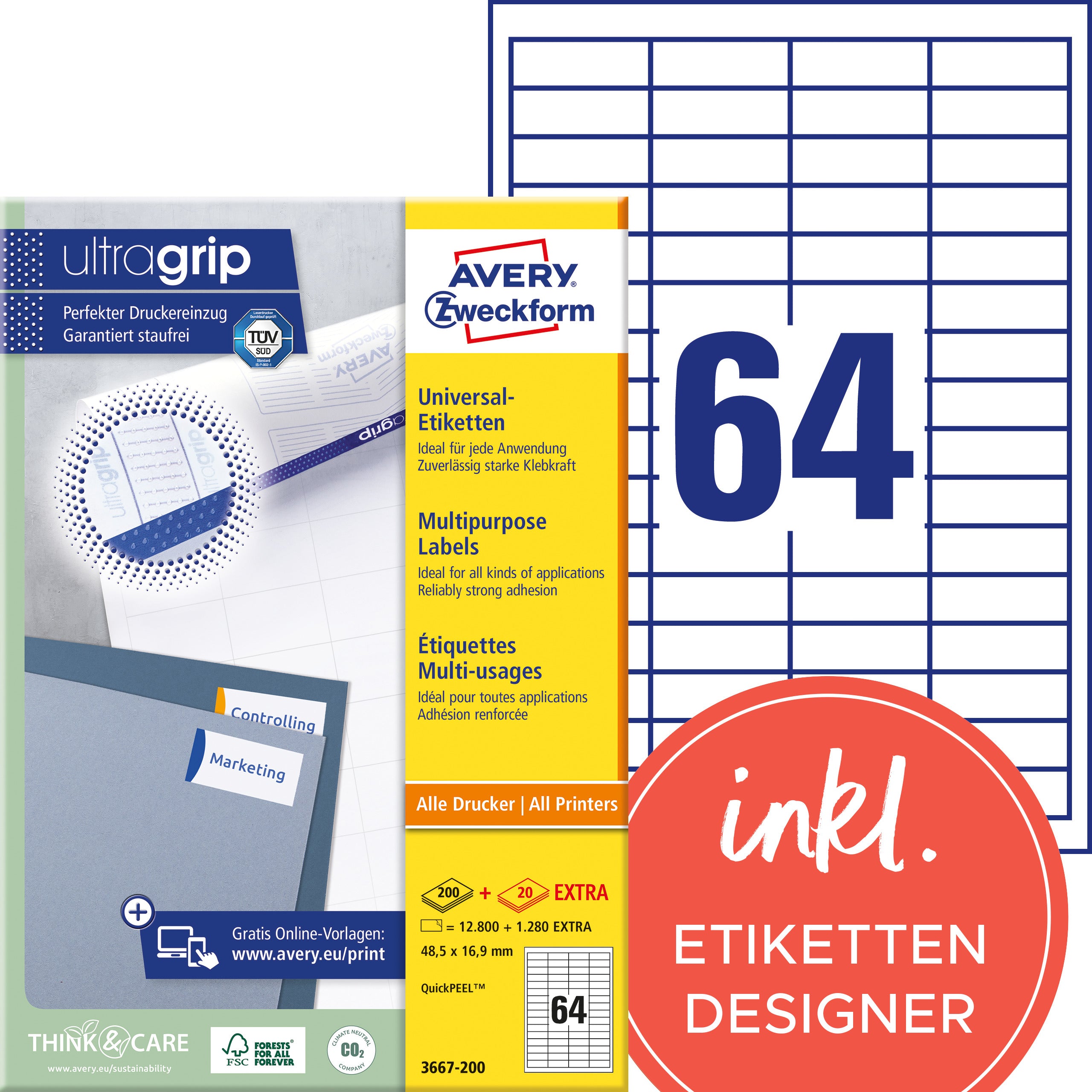 AVERY ZWECKFORM Etiketten 48,5×16,9mm 3667-200 weiss 14080 Stk./200+20 Blatt