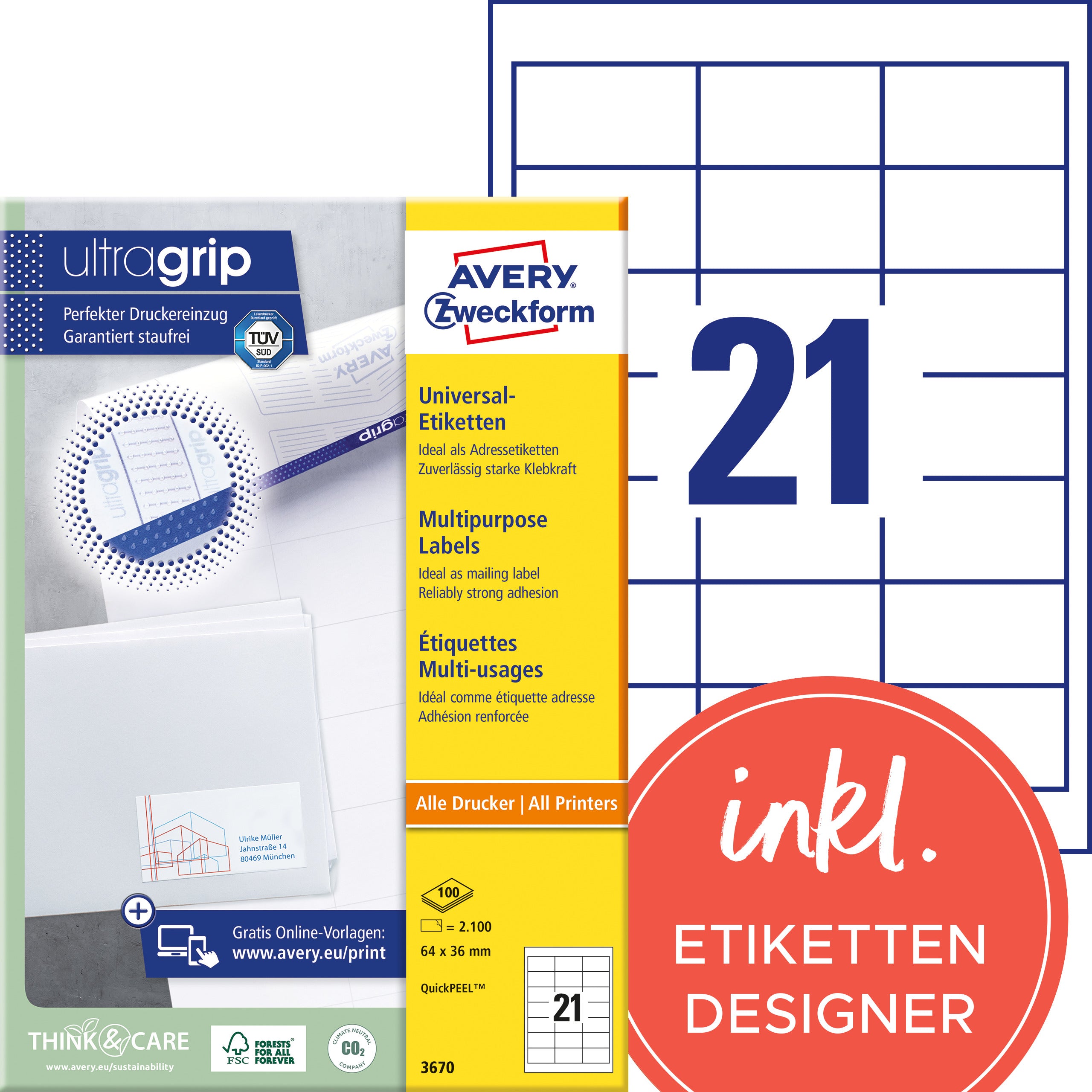 AVERY ZWECKFORM Etiketten 64x36mm 3670 weiss 2100 Stk./100 Blatt