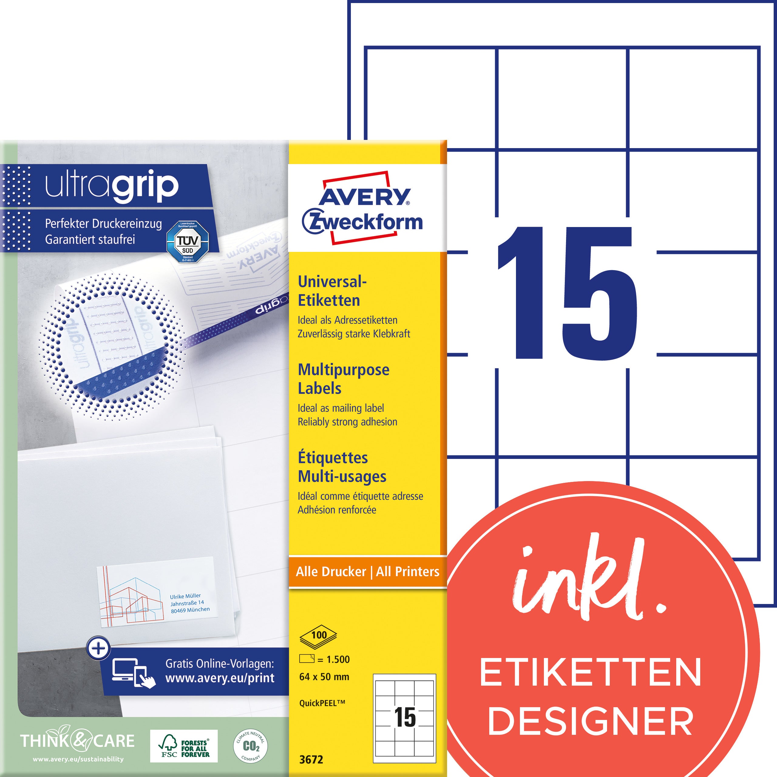 AVERY ZWECKFORM Etiketten 64x50mm 3672 weiss 1500 Stk./100 Blatt