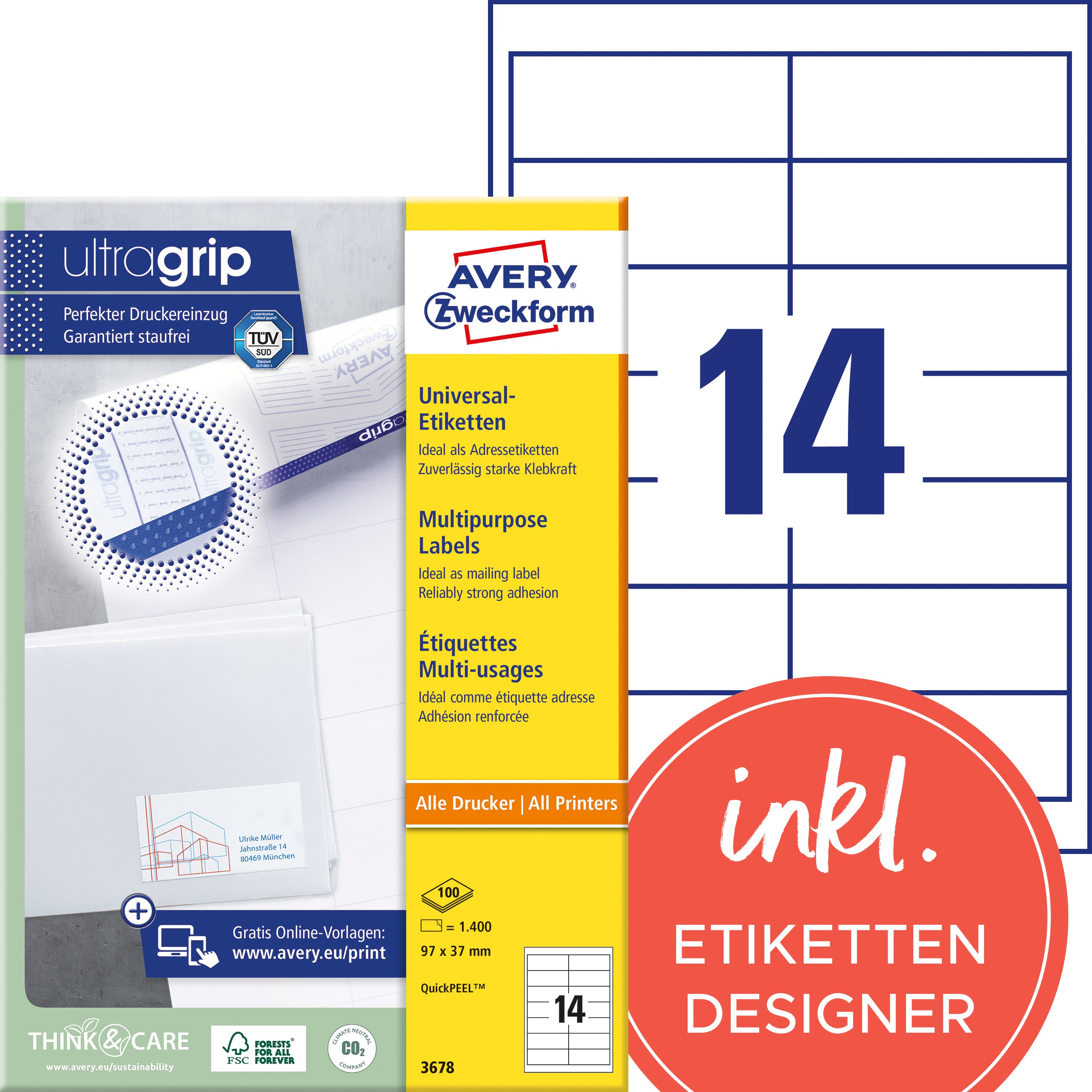 AVERY ZWECKFORM Etiketten 97x37mm 3678 weiss 1400 Stk./100 Blatt