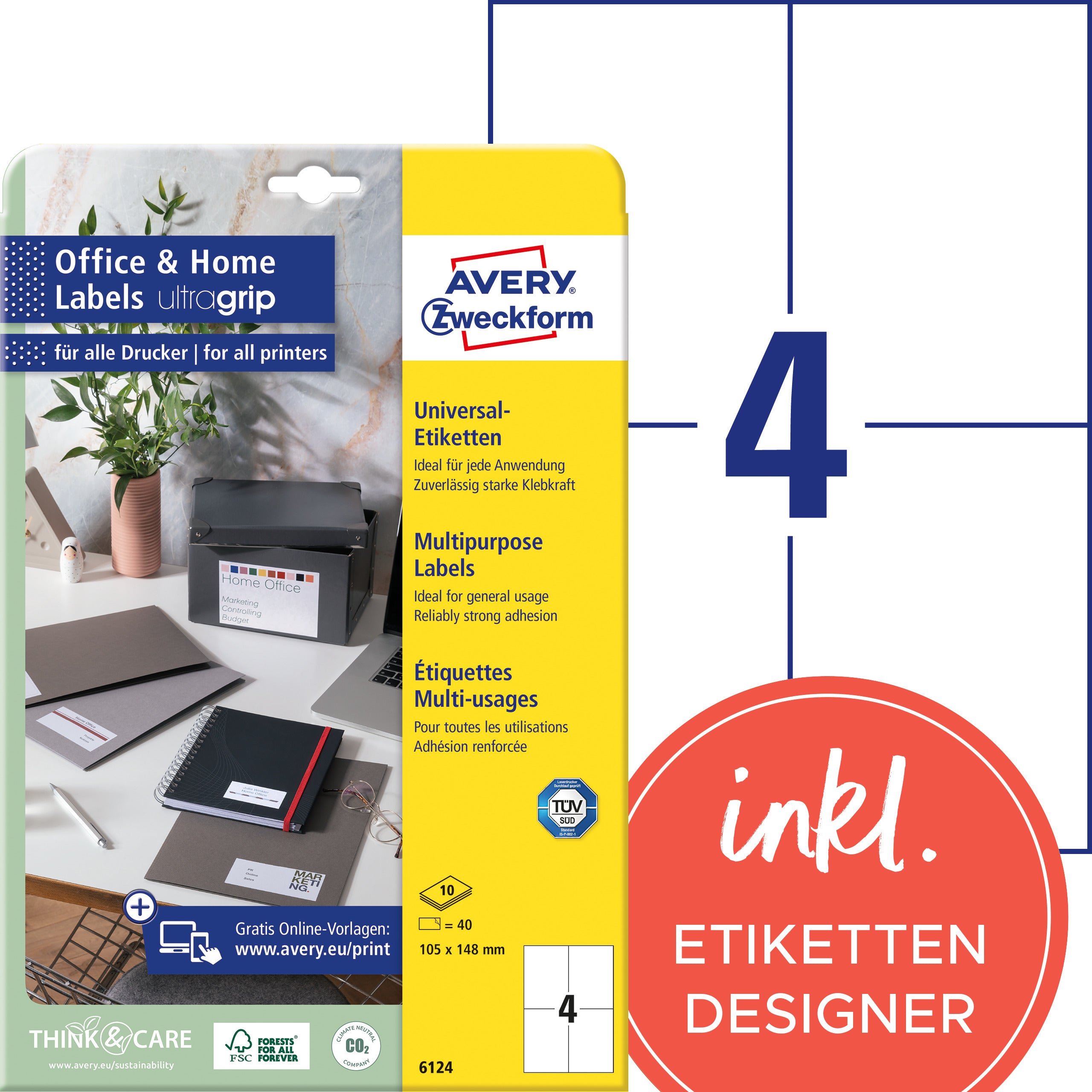 AVERY ZWECKFORM Etiketten 105x148mm 6124 weiss 40 Stk./10 Blatt