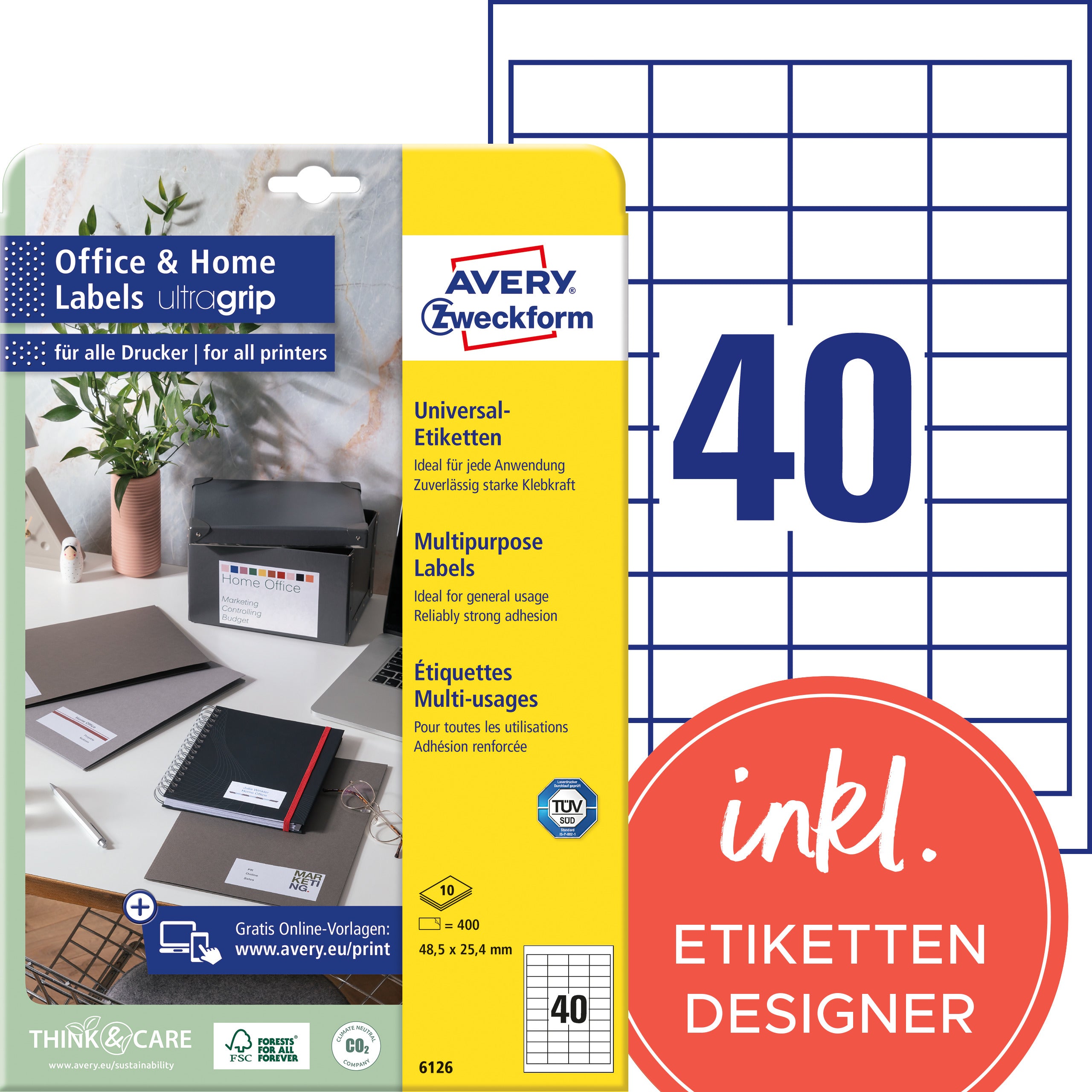 AVERY ZWECKFORM Etiketten 48,5x25,4mm 6126 weiss 400 Stk./10 Blatt