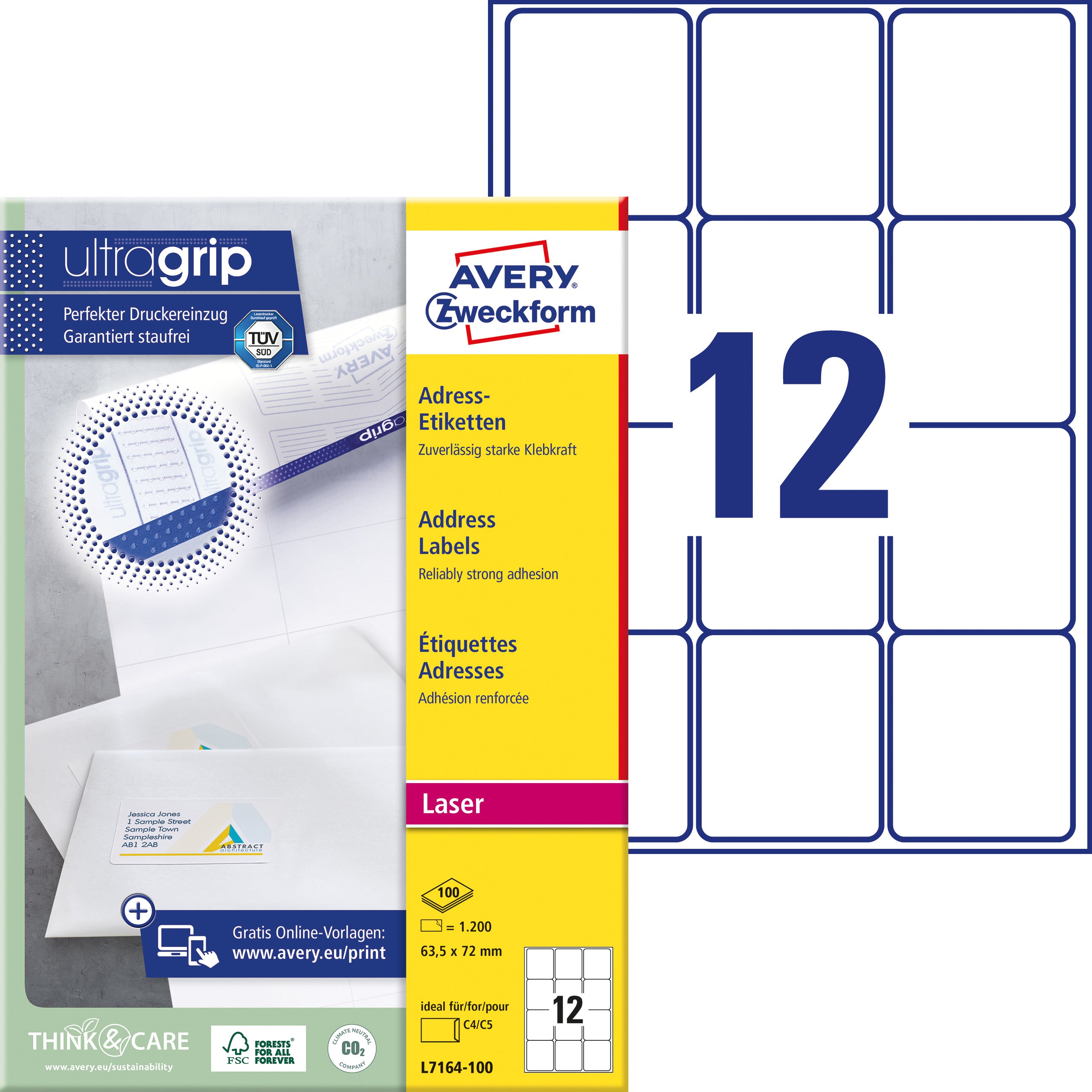 AVERY ZWECKFORM Adressetiketten 63,5x72mm 7164-100 weiss 1200 Stk./100 Blatt