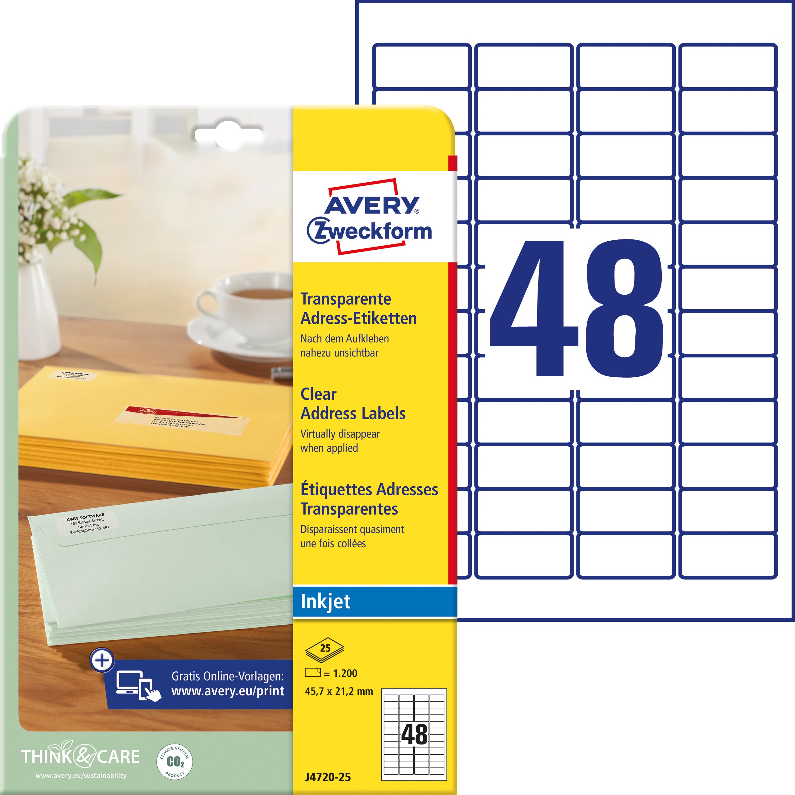 AVERY ZWECKFORM Etiketten 45,7x21,2mm J4720-25 transparent 1200 Stück