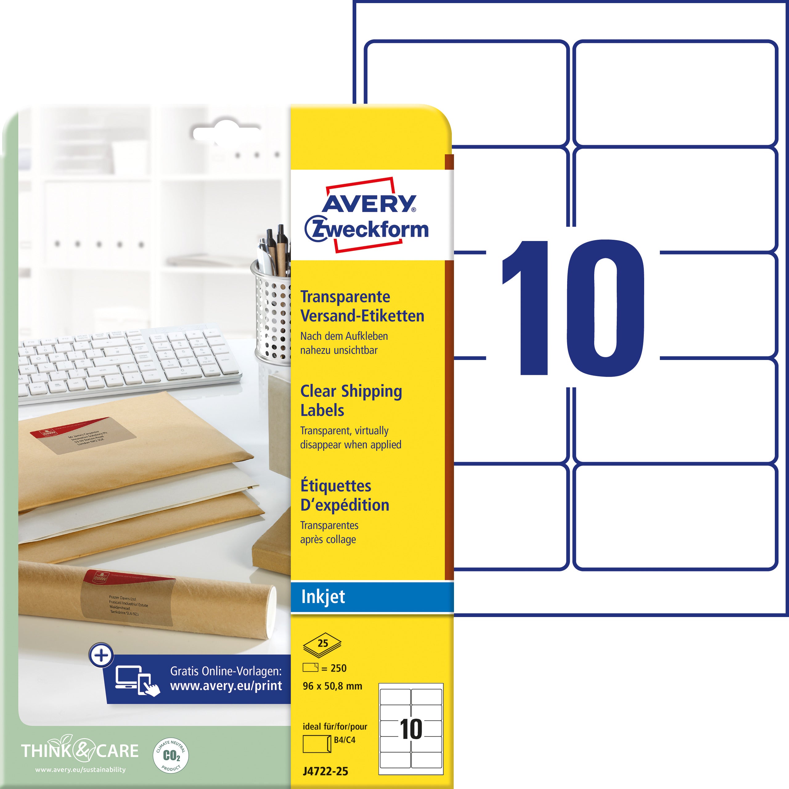 AVERY ZWECKFORM Etiketten 96x50,8mm J4722-25 transparent 250 Stück