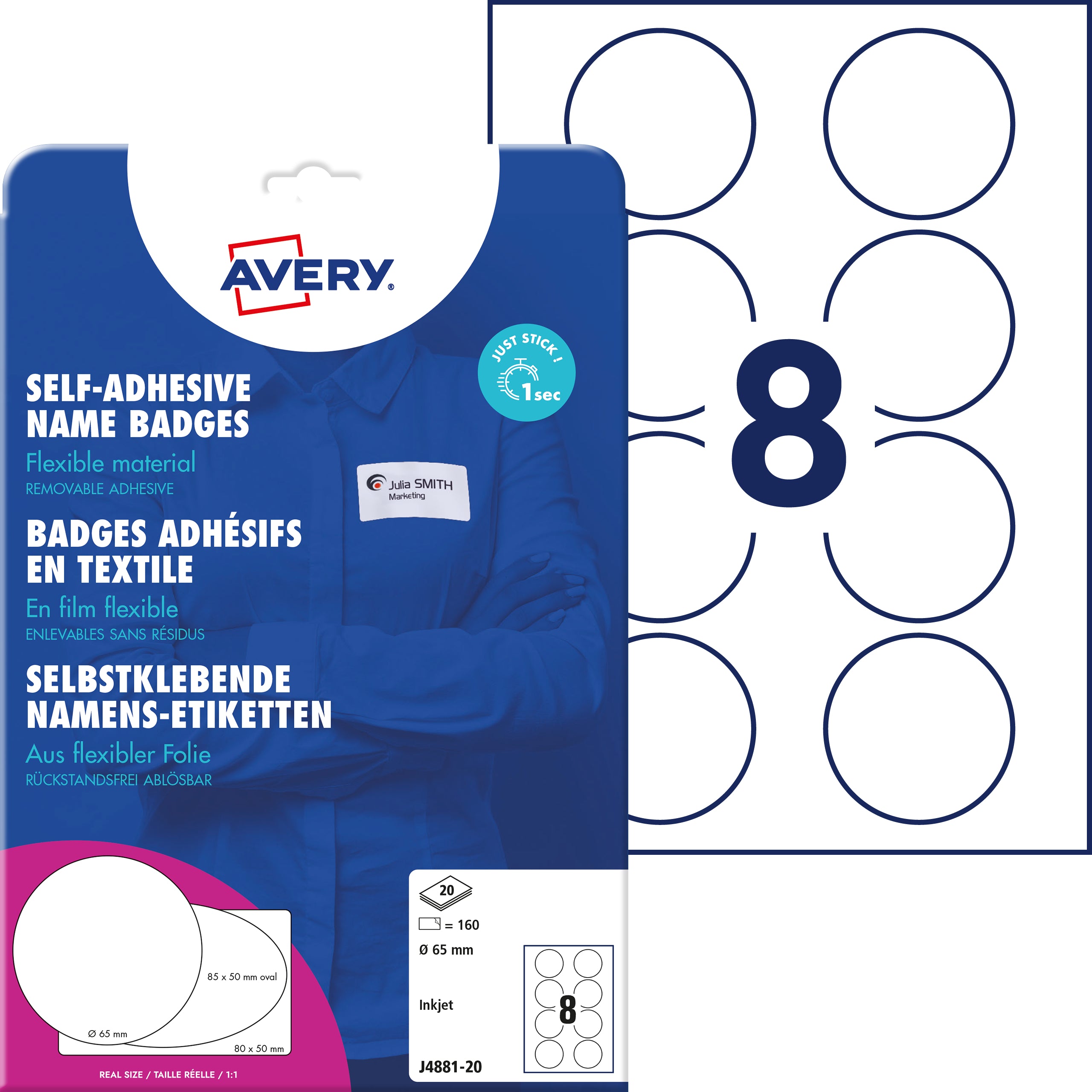 AVERY ZWECKFORM Namensetiketten 65mm J4881-20 weiss 20 Blatt/160 Stk.