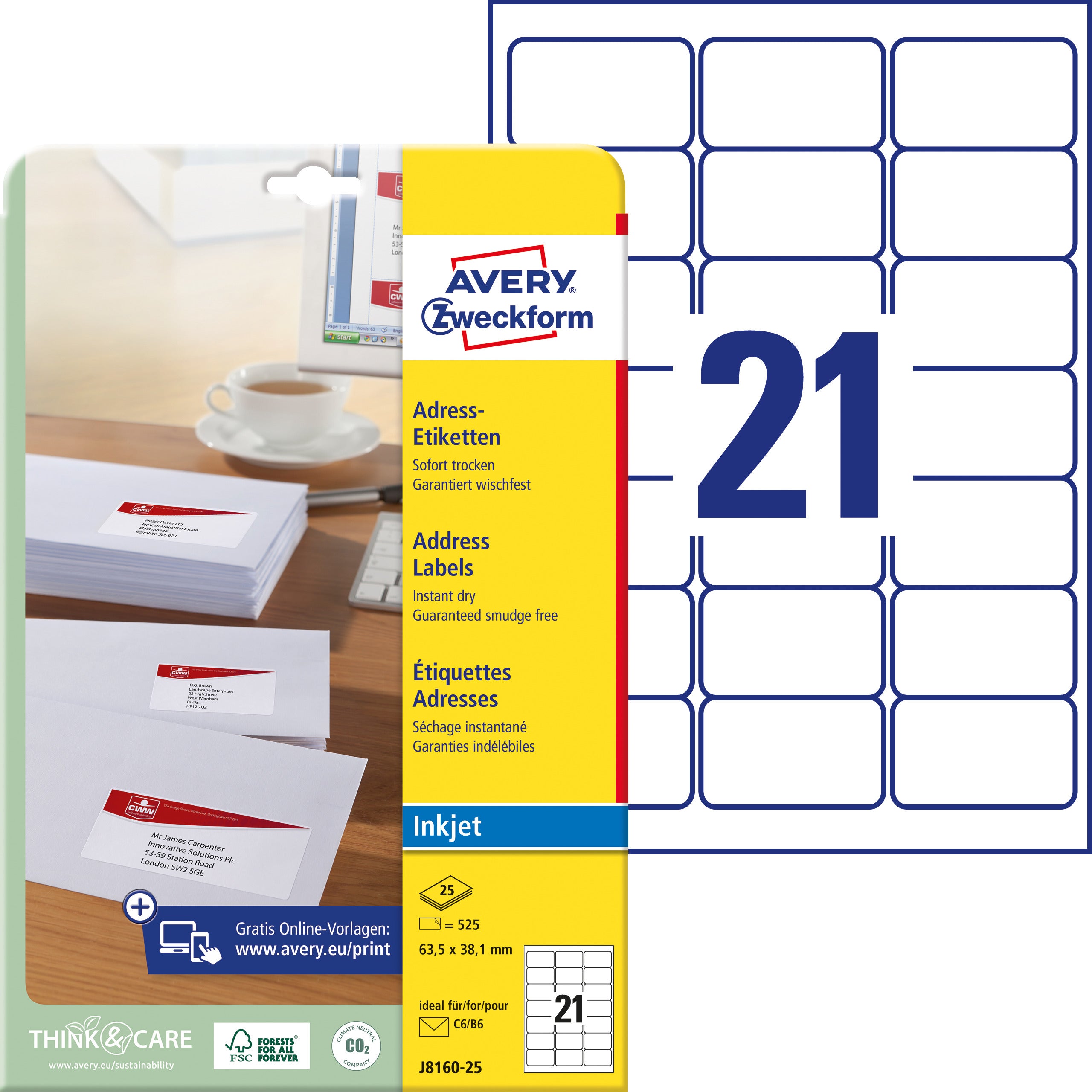 AVERY ZWECKFORM Adressetiketten 63,5x38,1mm J8160-25 weiss 525 Stück
