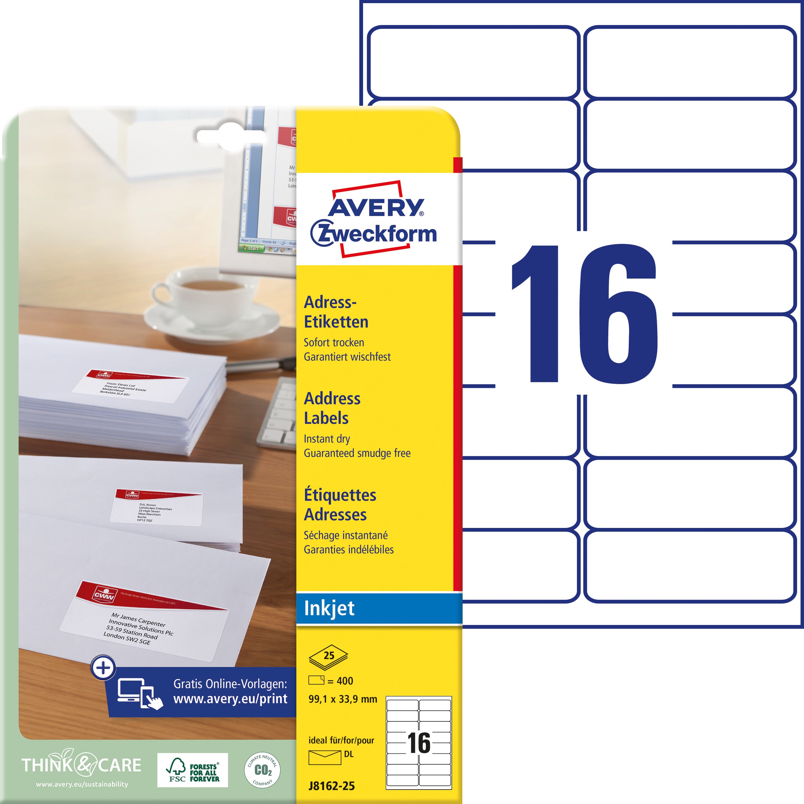 AVERY ZWECKFORM Adressetiketten 99,1x33,9mm J8162-25 weiss 400 Stück