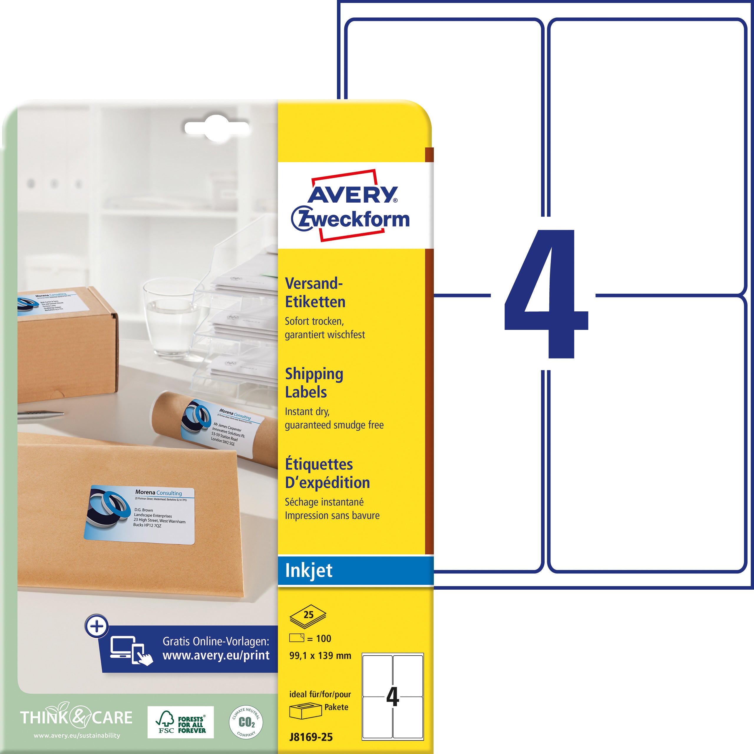 AVERY ZWECKFORM Adressetiketten 99,1x139mm J8169-25 weiss 100 Stück