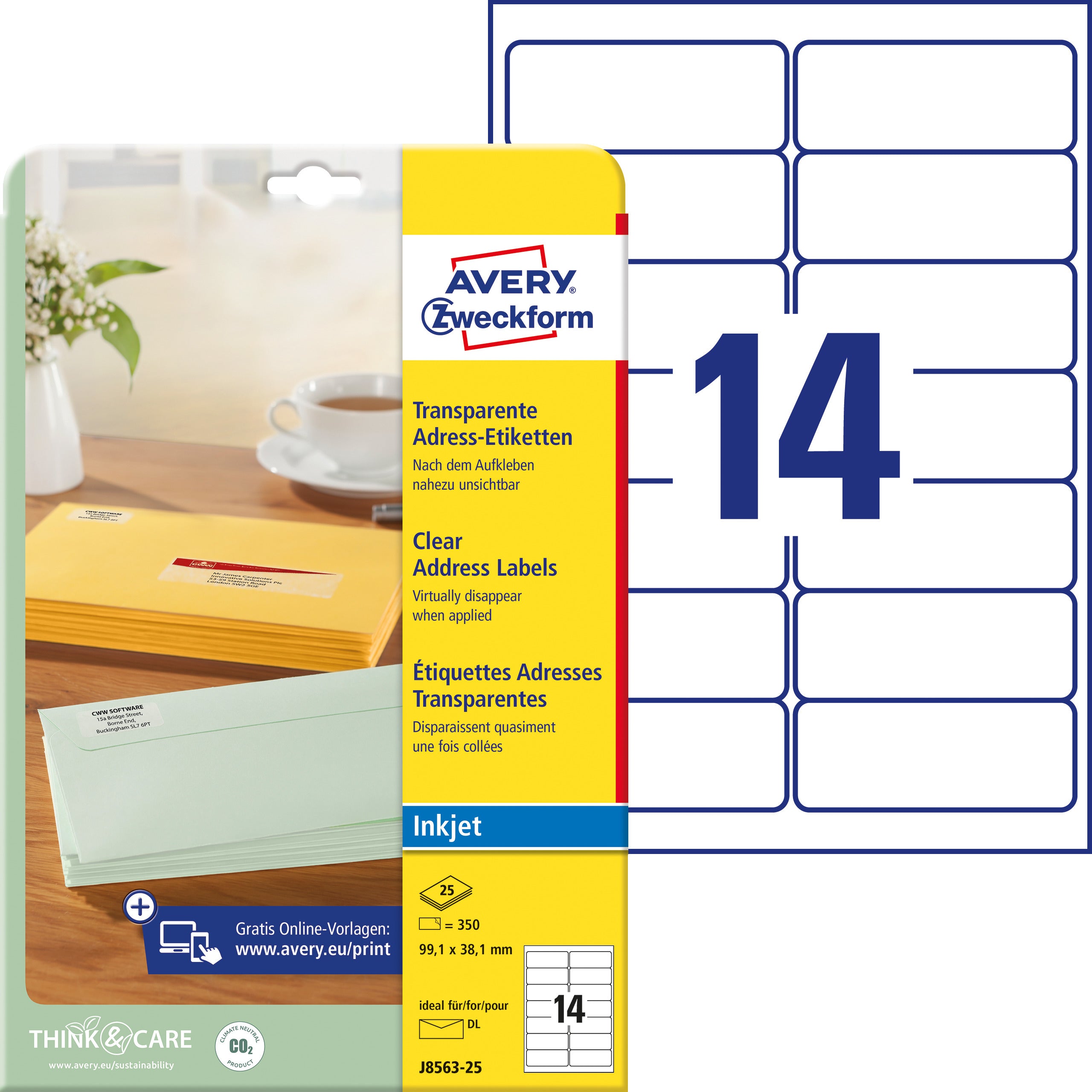 AVERY ZWECKFORM Etiketten 99,1x38,1mm J8563-25 transparent 350 Stück