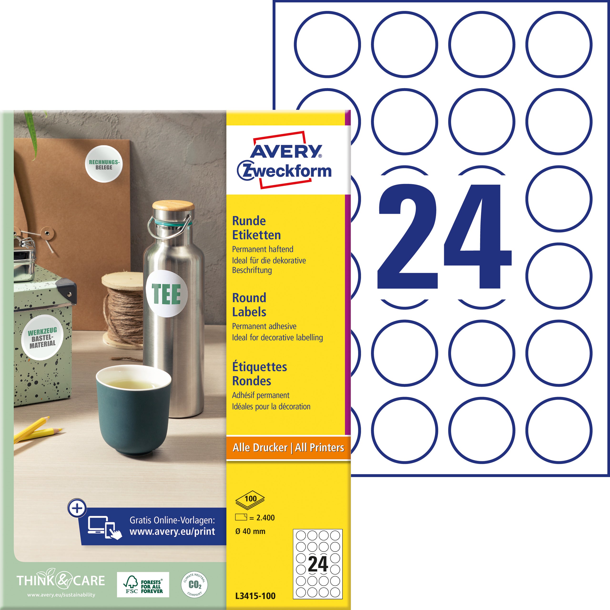 AVERY ZWECKFORM Etiketten 40mm L3415-100 weiss 2400 Stück