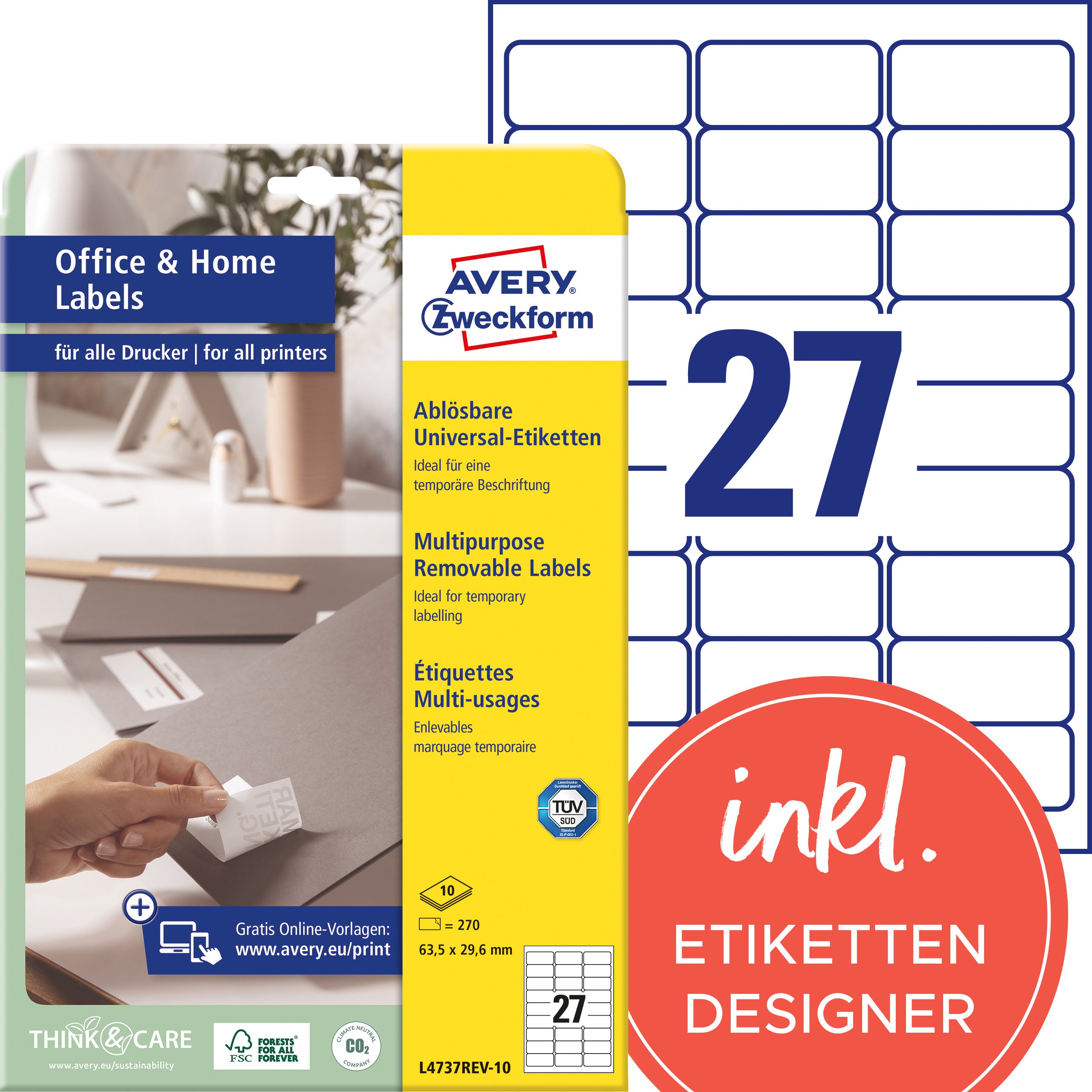 AVERY ZWECKFORM Etiketten 63,5x29,6mm L4737REV1 weiss 270 Stück