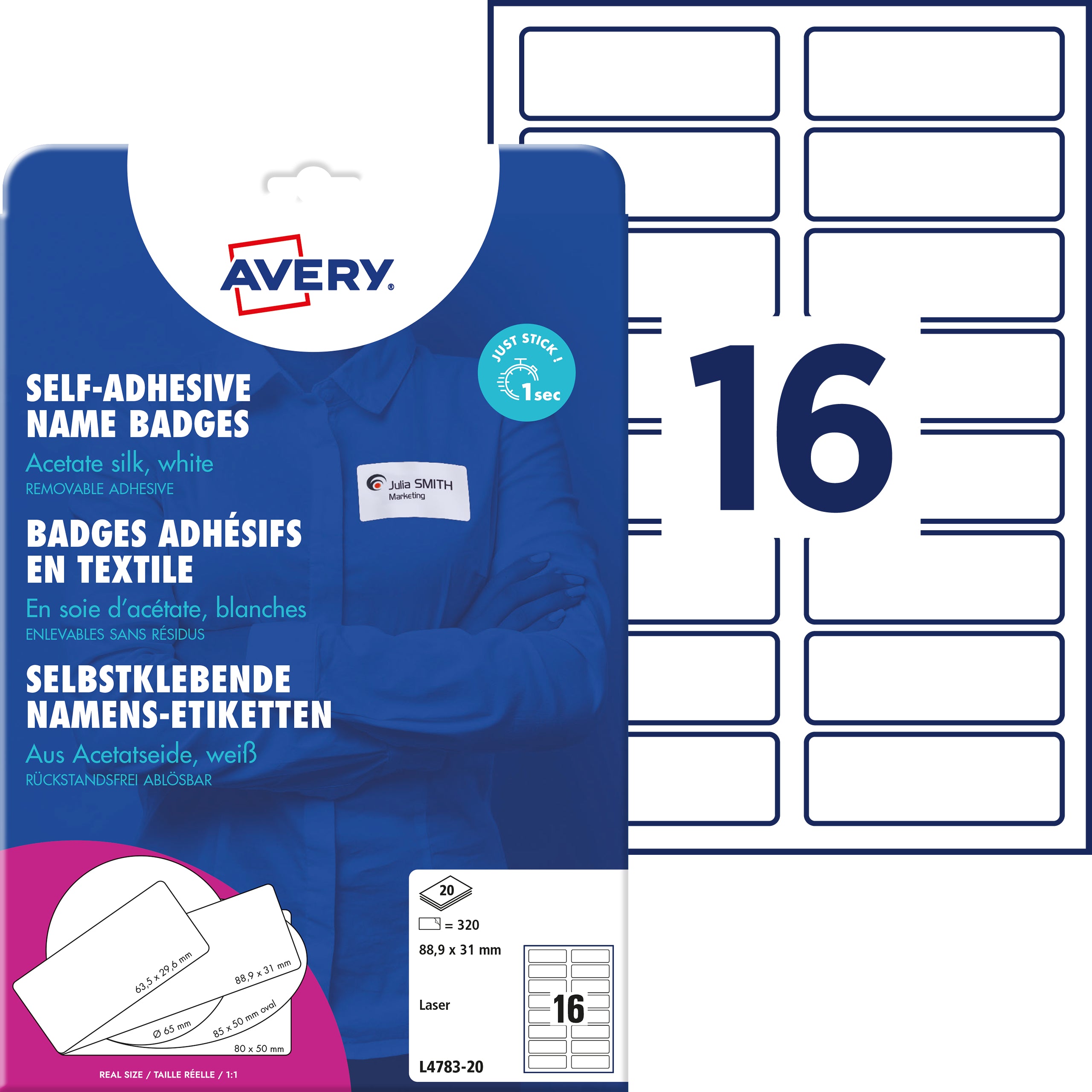 AVERY ZWECKFORM Namens-Etiketten 88,9x31mm L4783-20 weiss, Laser 20 Blatt
