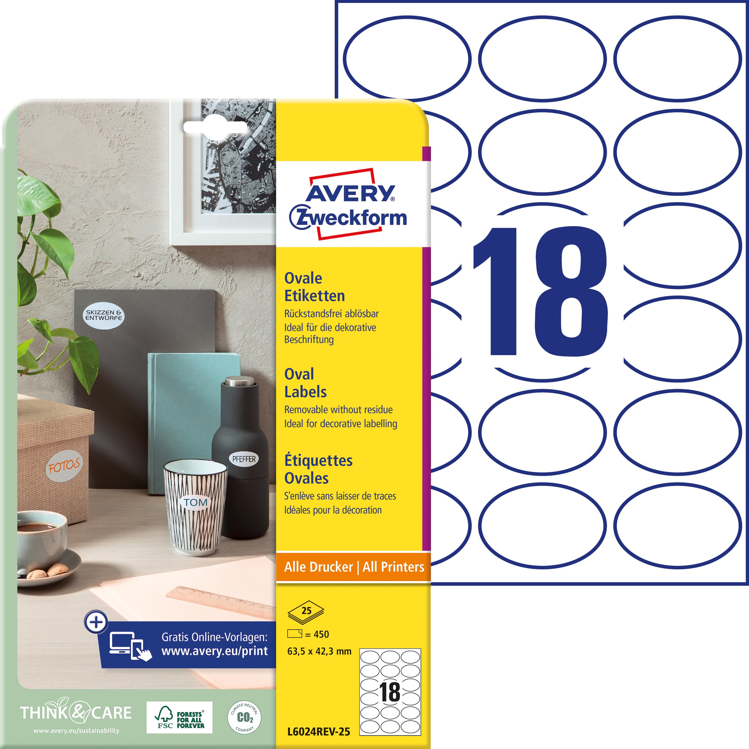 AVERY ZWECKFORM Etiketten 63,5x42,3mm L6024REV2 weiss 450 Stück