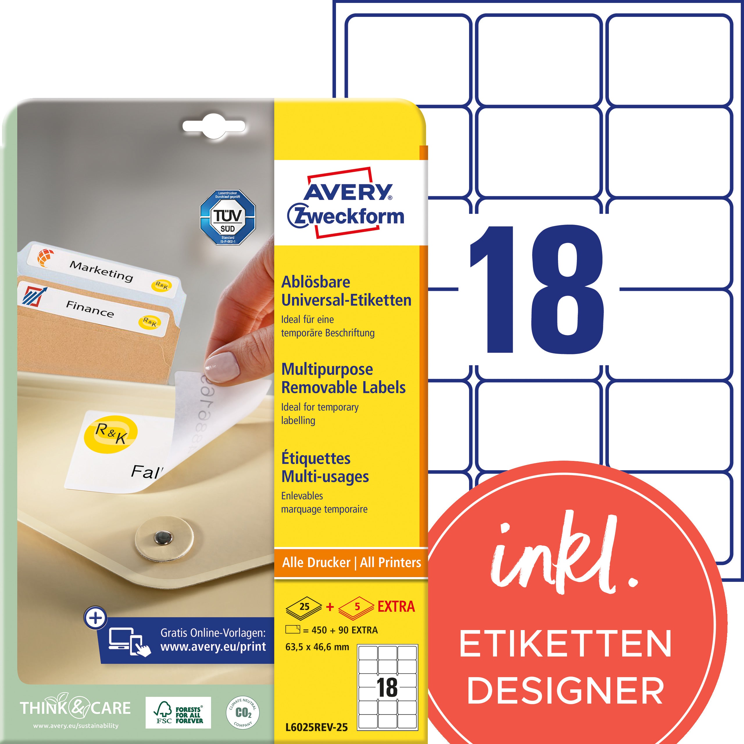 AVERY ZWECKFORM Etiketten 63,5×46,6mm L6025REV2 weiss 540 Stk./25 + 5 Blatt