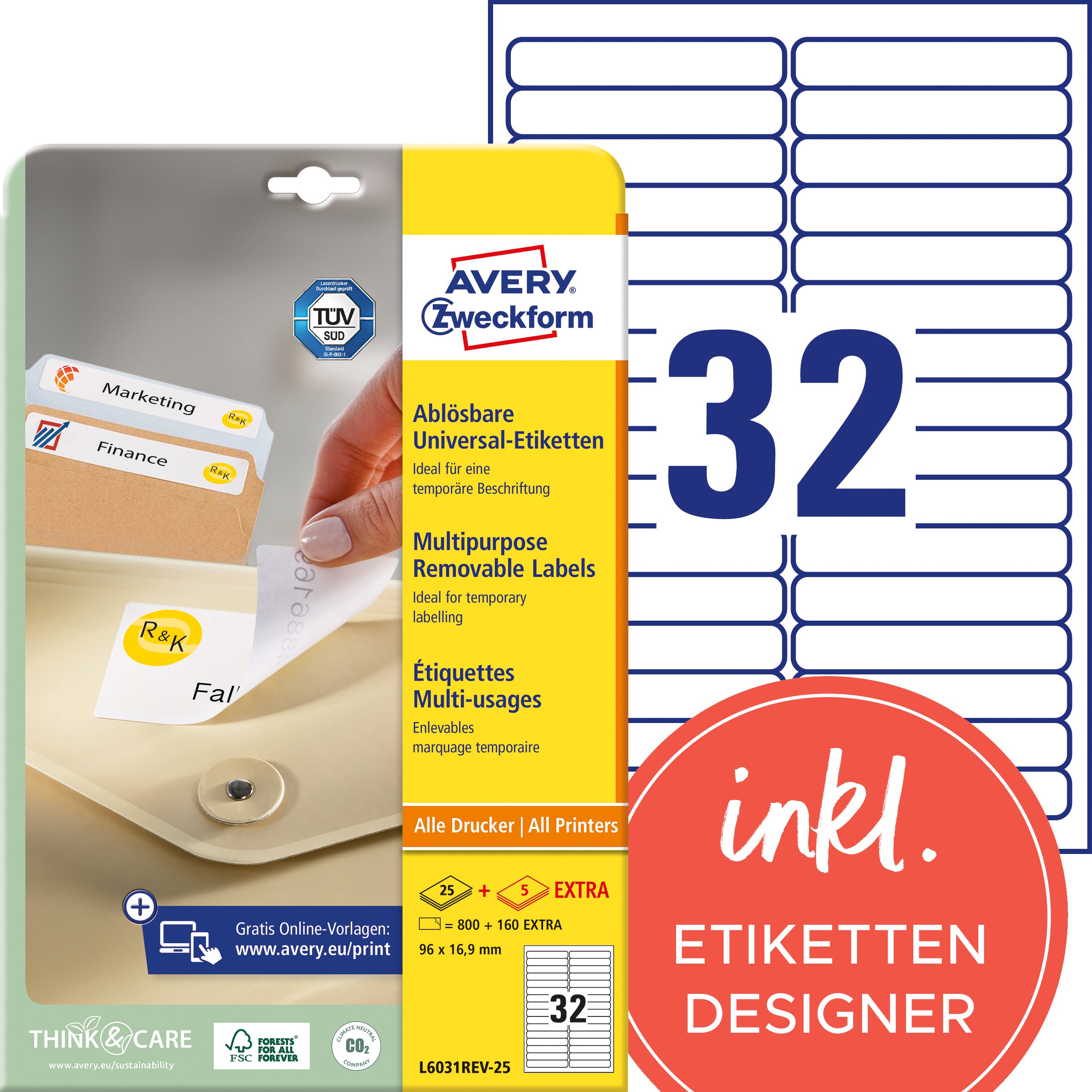 AVERY ZWECKFORM Etiketten 96x16,9mm L6031REV2 weiss 960 Stk./25 + 5 Blatt