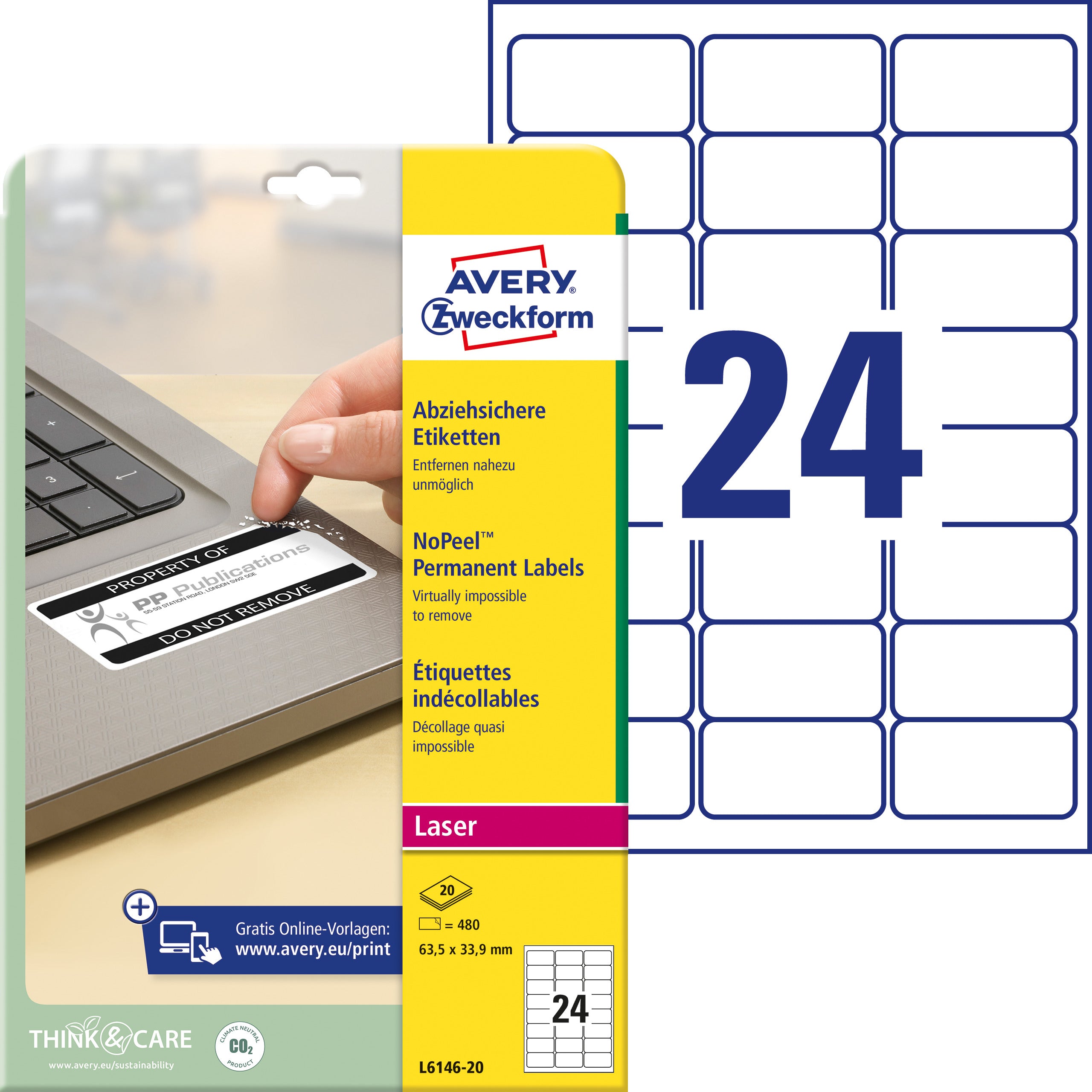 AVERY ZWECKFORM Etiketten 63,5×33,9mm L6146-20 permanent 480 Stück