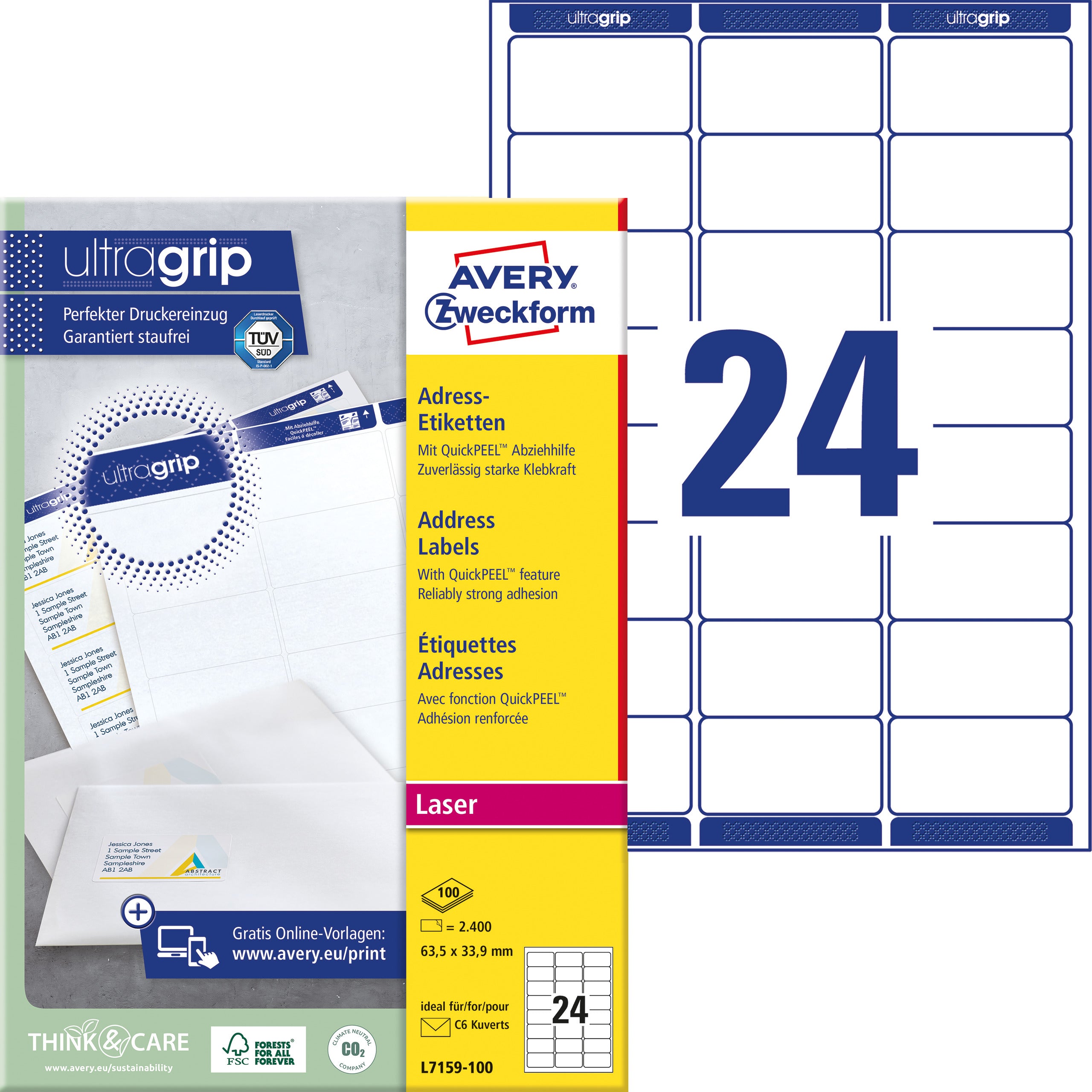 AVERY ZWECKFORM Adressetiketten 63,5x33,9mm L7159-100 weiss 2400 Stk./100 Blatt
