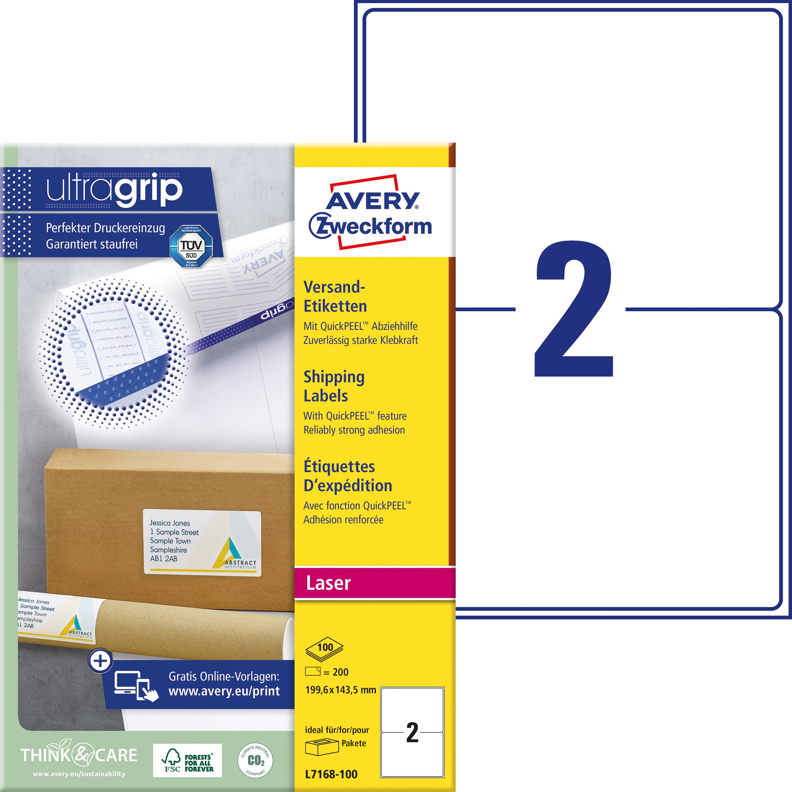 AVERY ZWECKFORM Versandetiketten 199,6x143,5mm L7168-100 weiss 200 Stk./100 Blatt