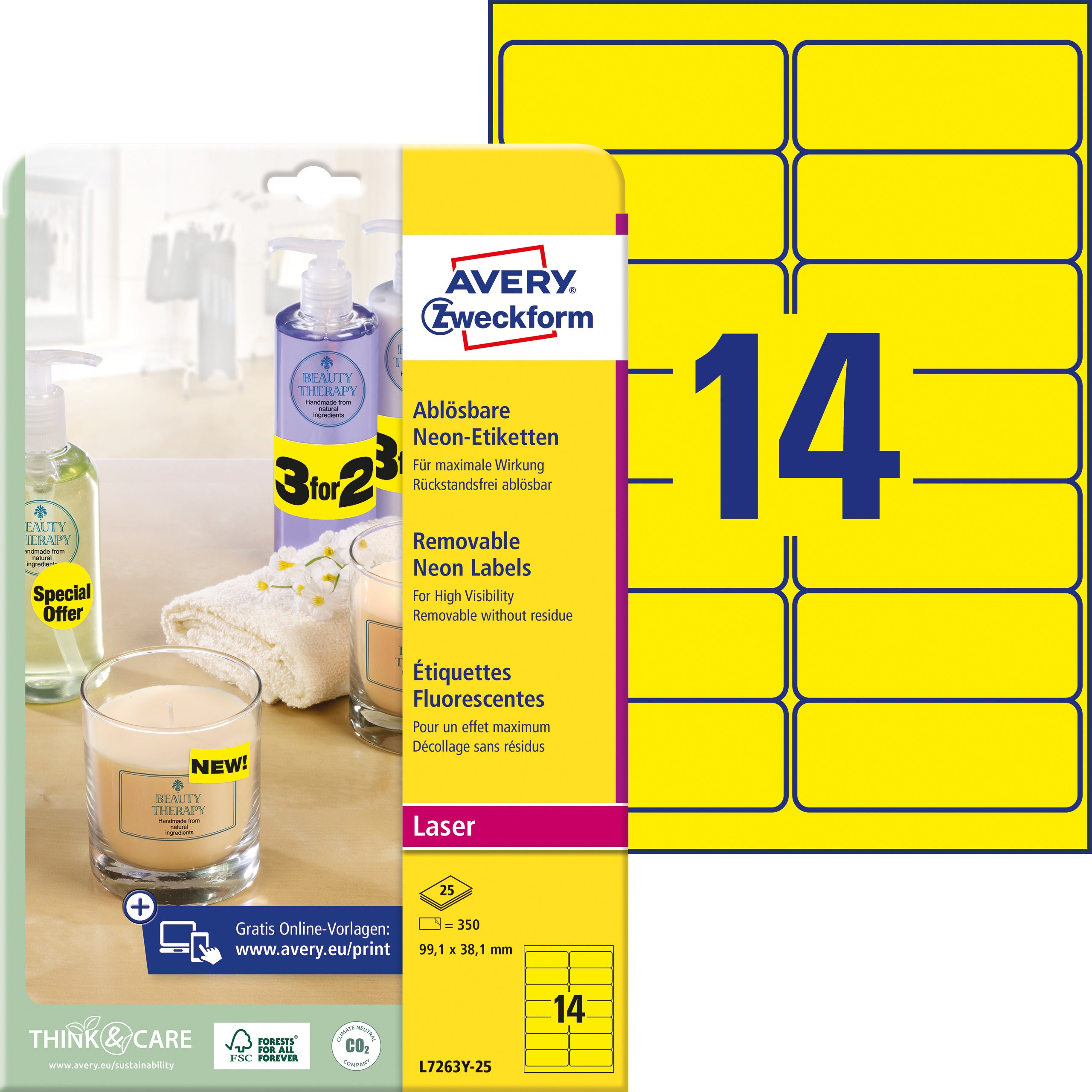 AVERY ZWECKFORM Etiketten 99,1x38,1mm L7263Y-25 gelb 350 Stück