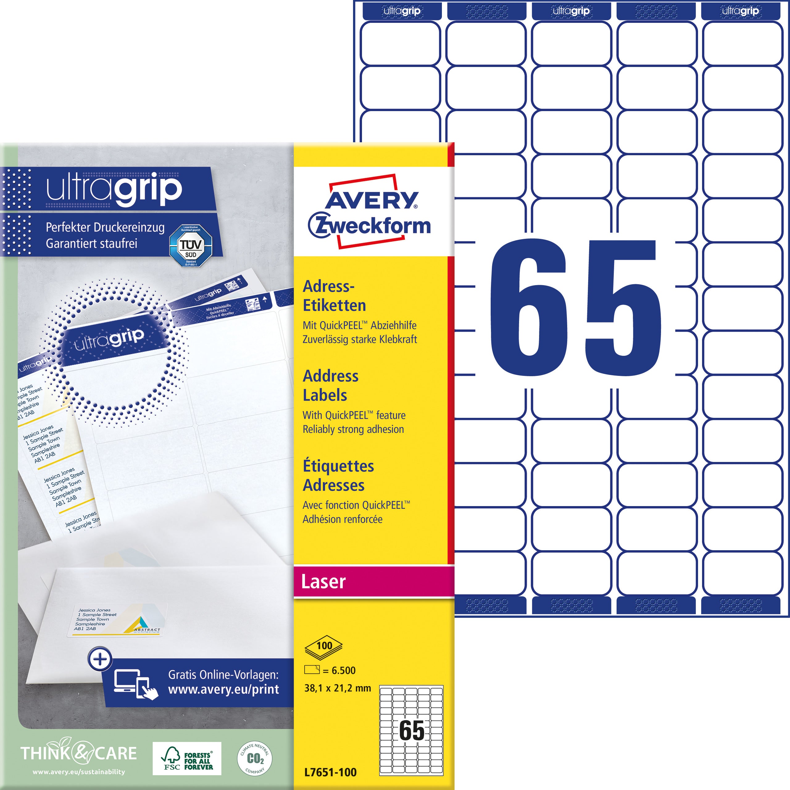 AVERY ZWECKFORM Adressetiketten 38,1x21,2mm L7651-100 weiss 6500 Stk./100 Blatt