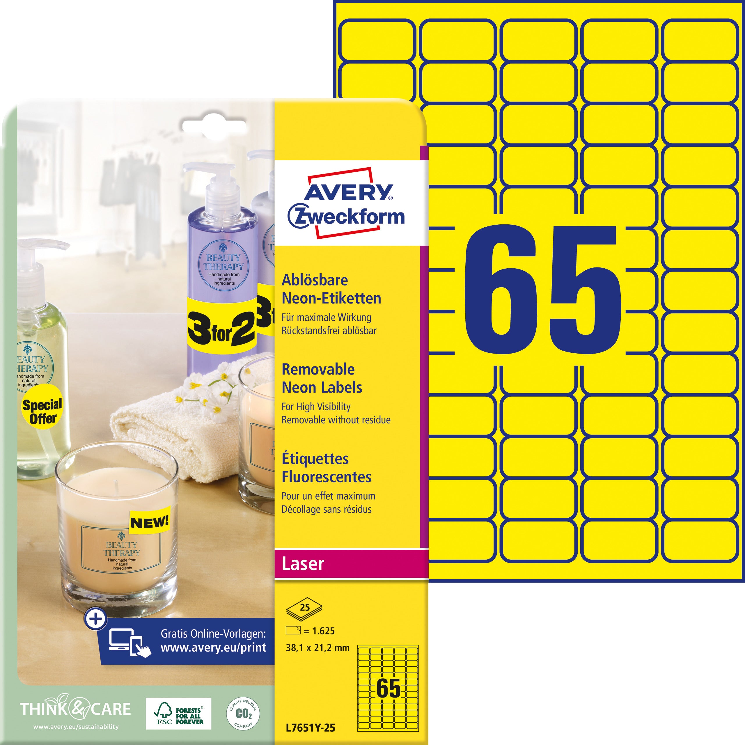 AVERY ZWECKFORM Etiketten 38,1x21,2mm L7651Y-25 gelb 1625 Stück