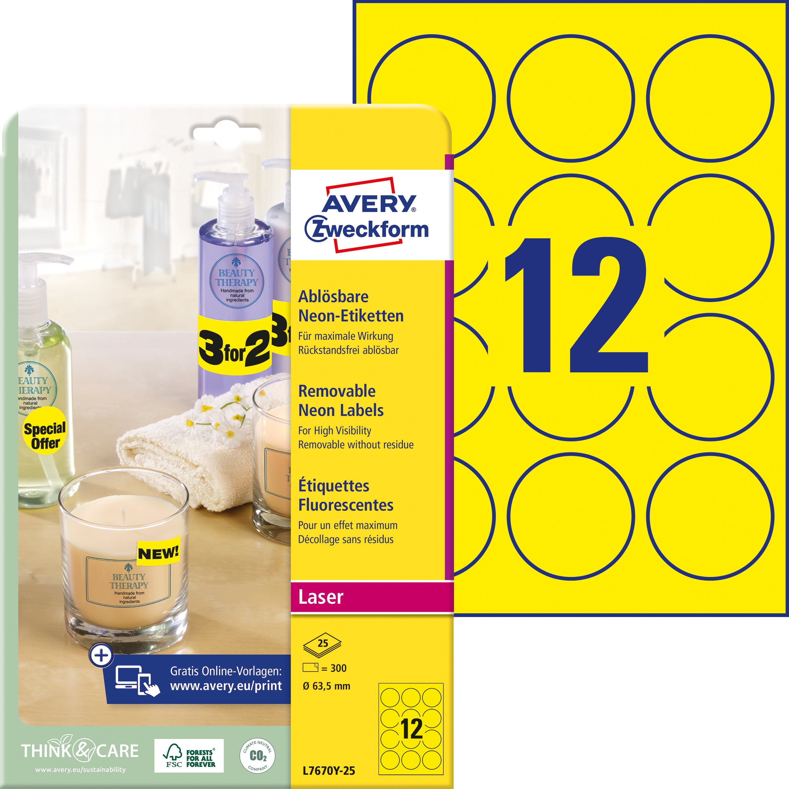 AVERY ZWECKFORM Etiketten 63,5mm L7670Y-25 gelb 300 Stück