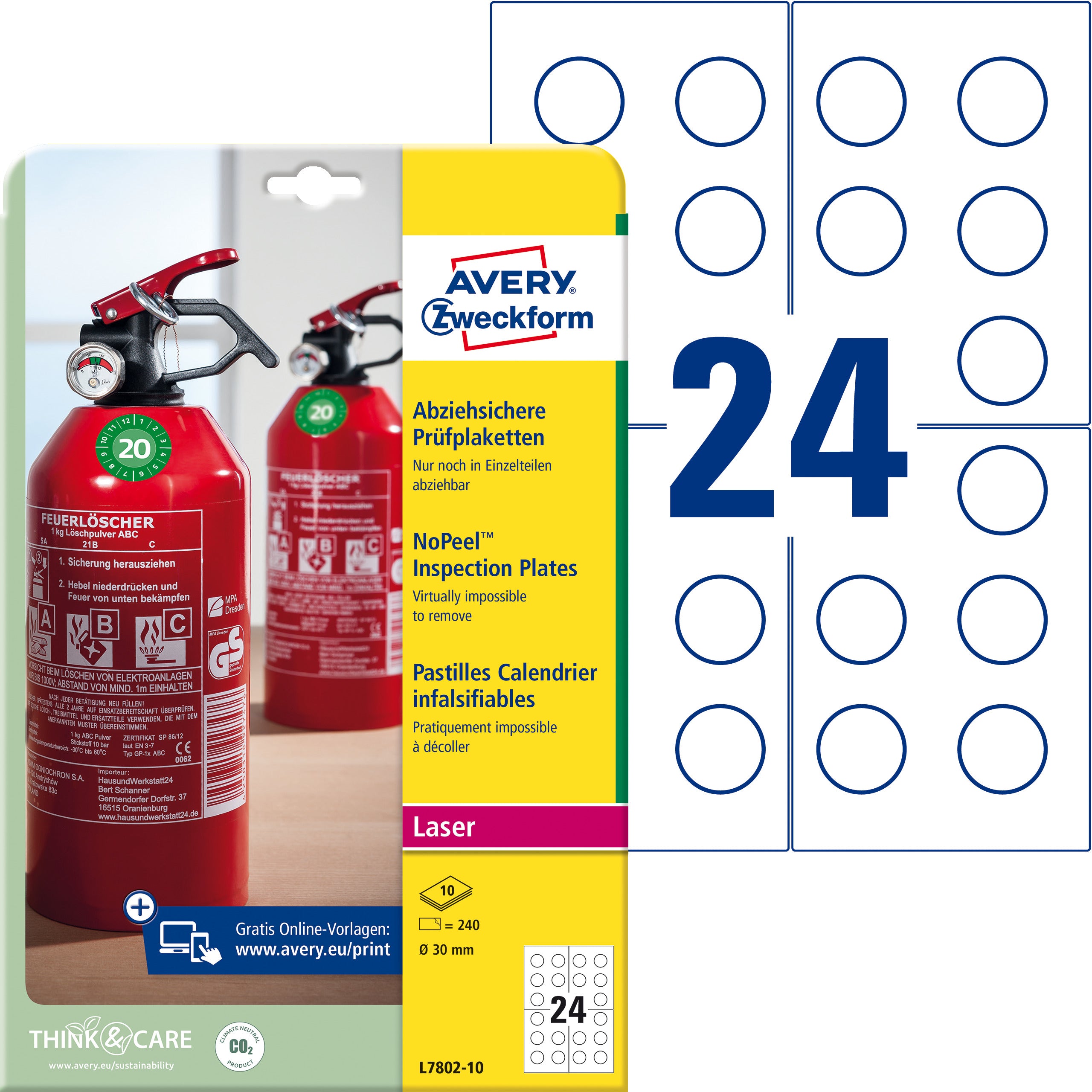 AVERY ZWECKFORM Prüfplaketten 30mm L7802-10 weiss, non-perm. 10 Bl.240Stk.