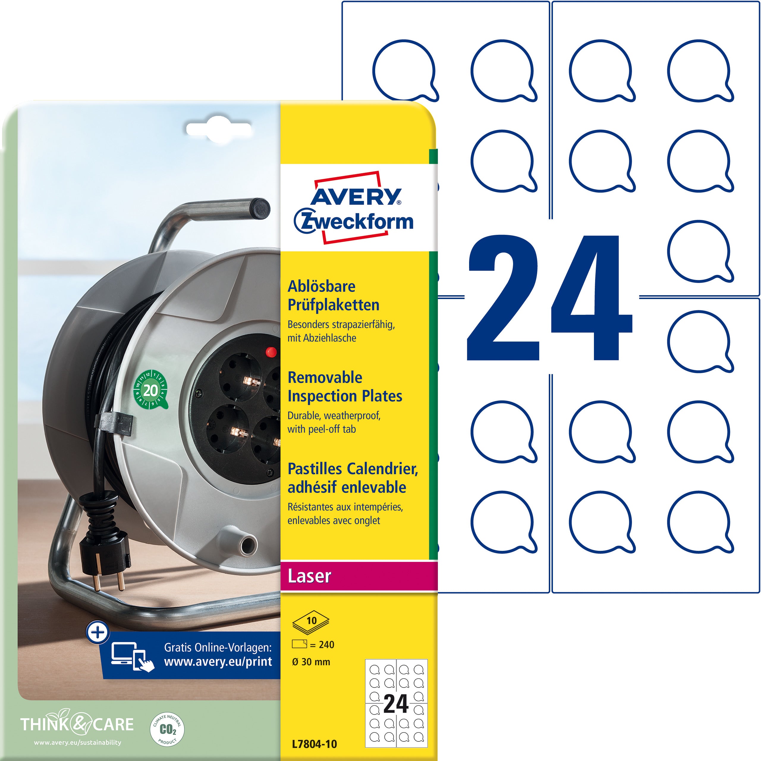 AVERY ZWECKFORM Prüfplaketten 30mm L7804-10 weiss, non-perm. 10 Bl.240Stk.