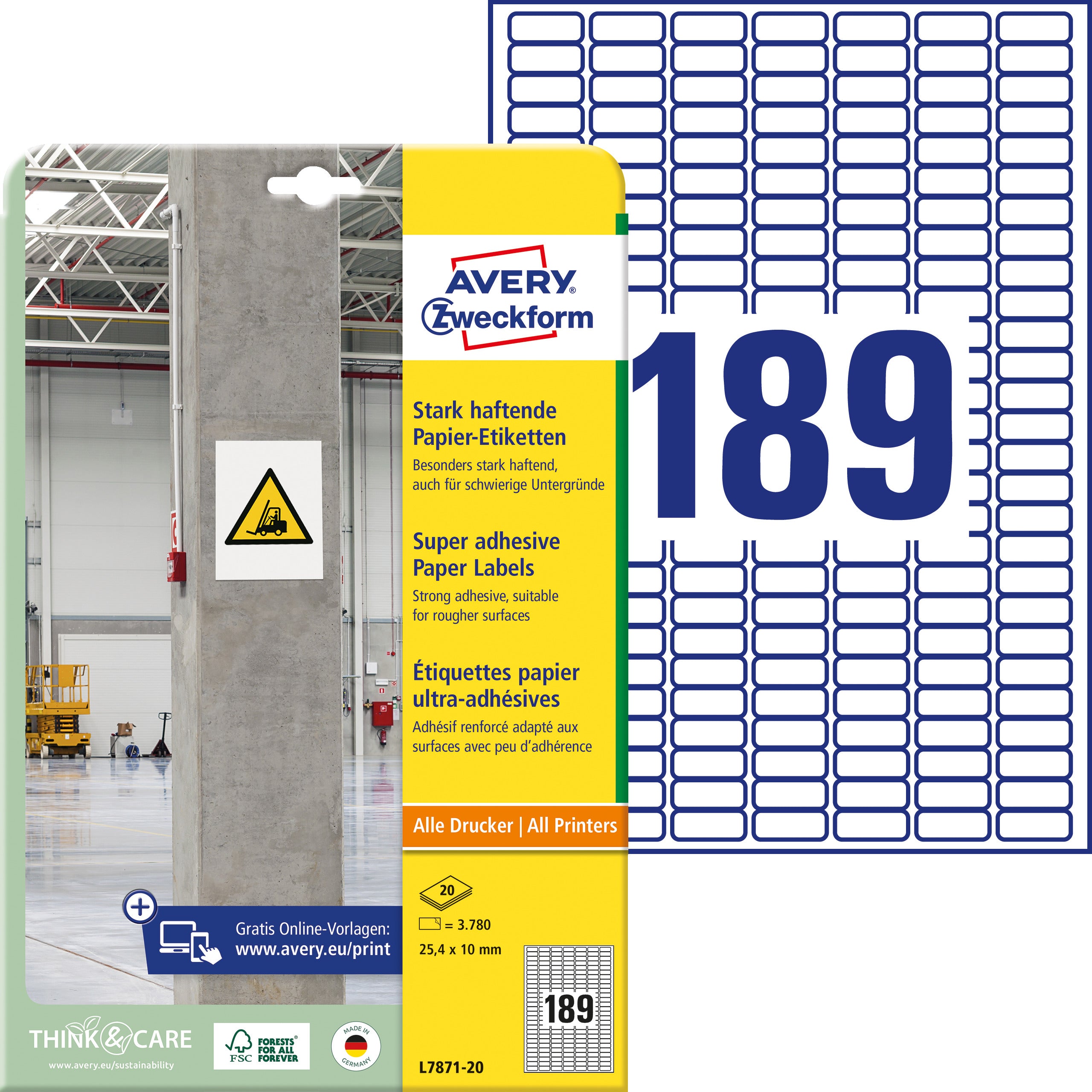 AVERY ZWECKFORM Etiketten Univ. 25.4x10mm L7871-20 weiss, stark haftend 20 Blatt