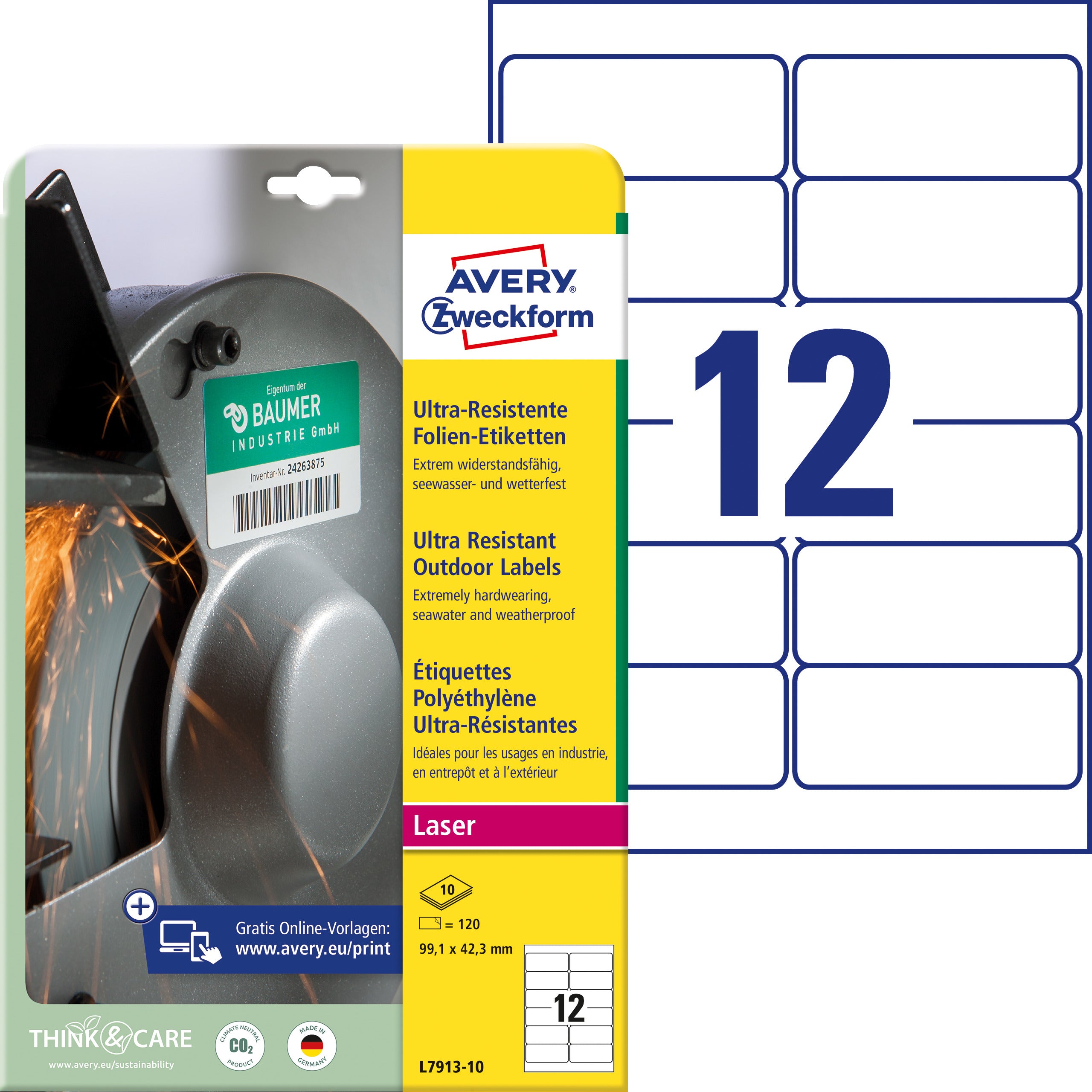 AVERY ZWECKFORM Etiketten 99,1x42,3mm L7913-10 weiss,ultra-resistent 10 Blatt