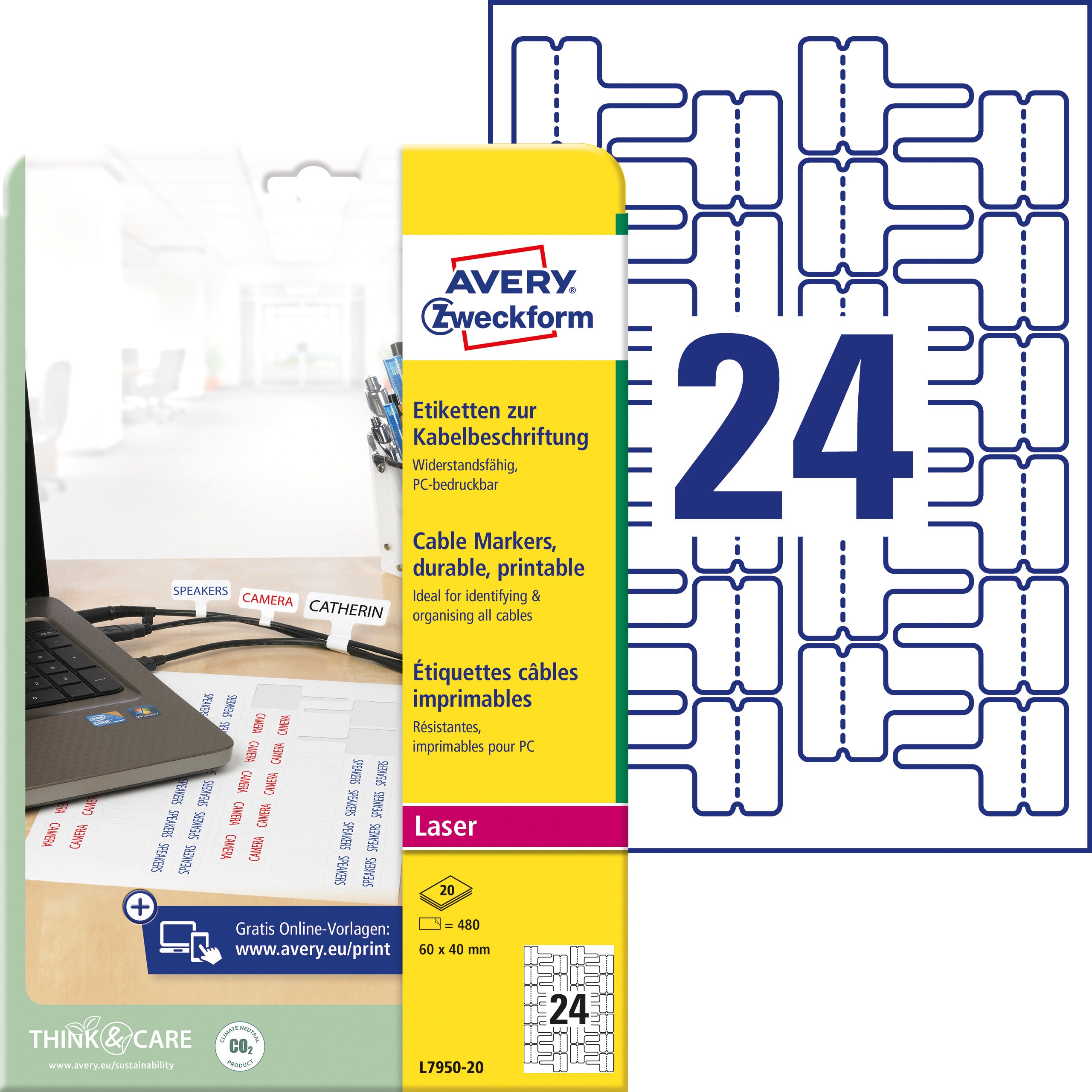 AVERY ZWECKFORM Etiketten 60x40mm L7950-20 Kabel, perm. 480 Stück