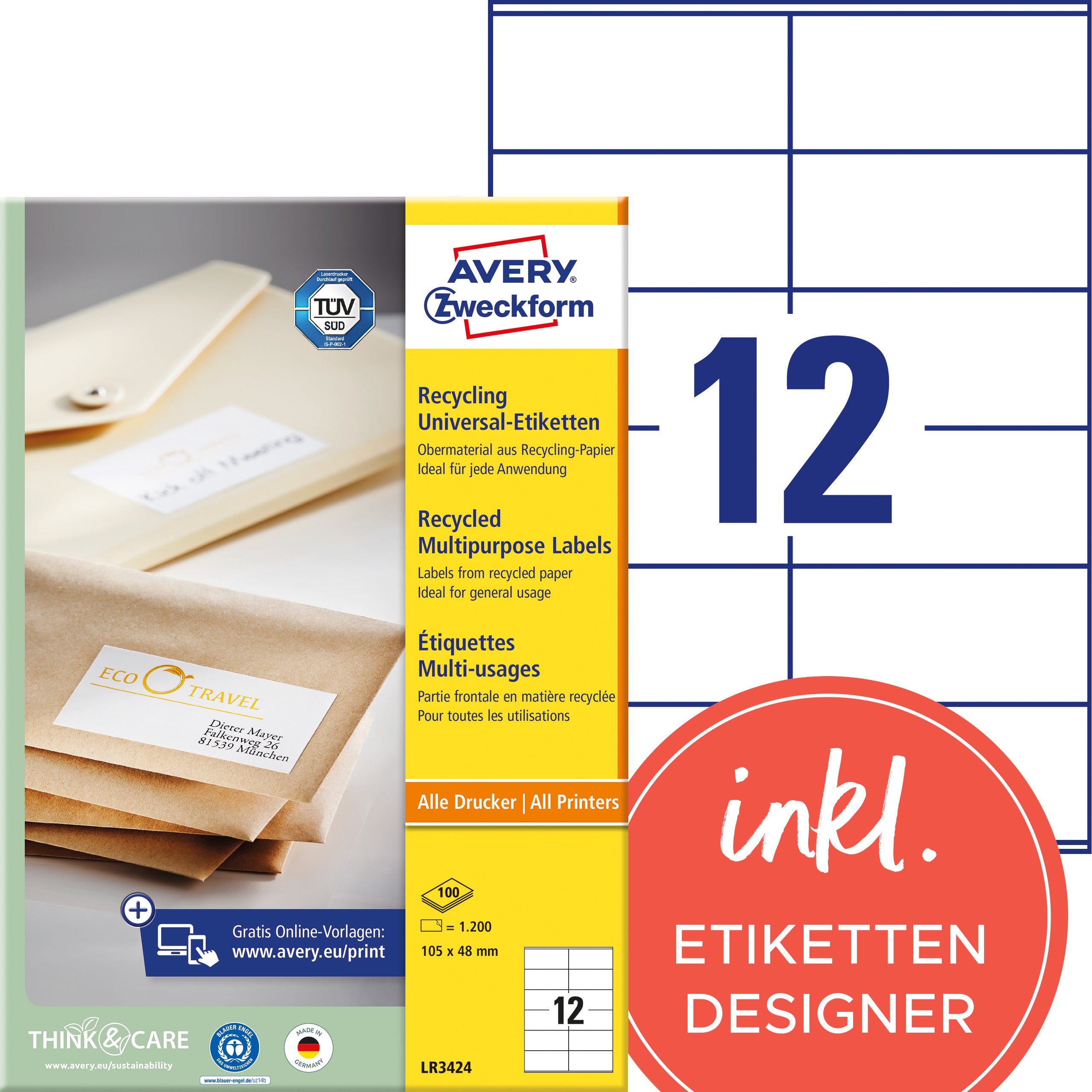 AVERY ZWECKFORM Etiketten 105x48mm LR3424 recycling 1200 Stück