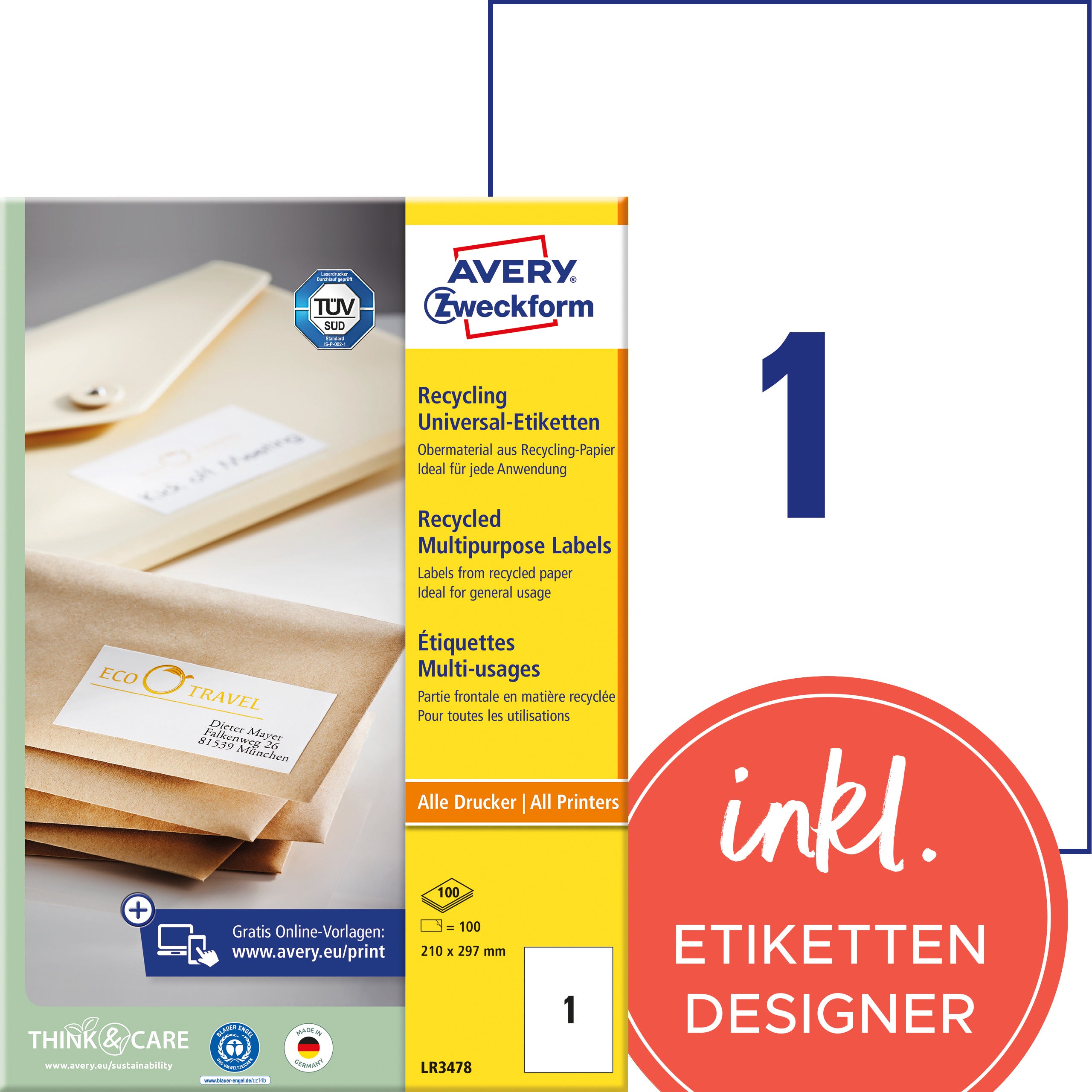 AVERY ZWECKFORM Etiketten 210x297mm LR3478 recycling 100 Stück