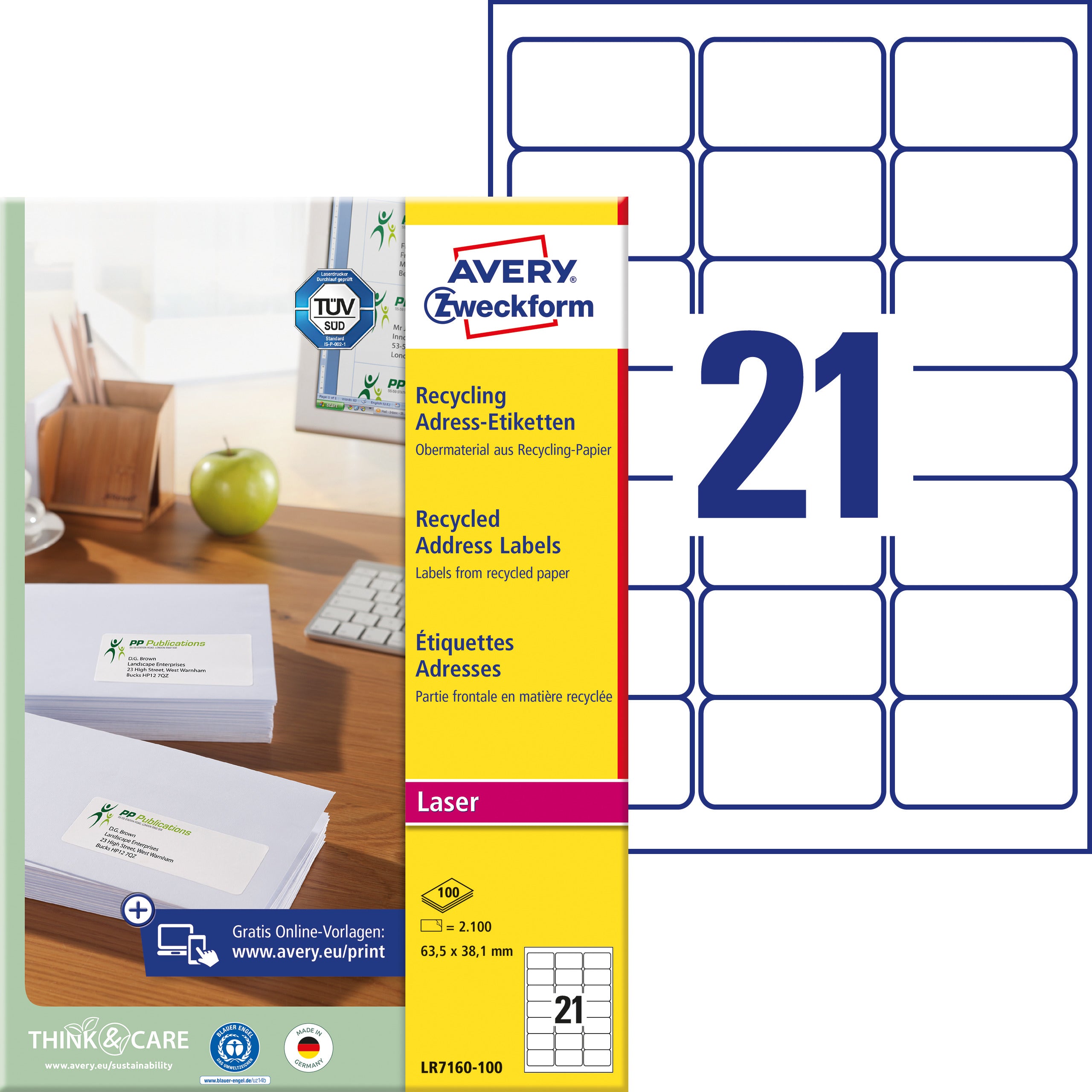 AVERY ZWECKFORM Adressetiketten 63,5x38,1mm LR7160100 recycling 2100 Stück