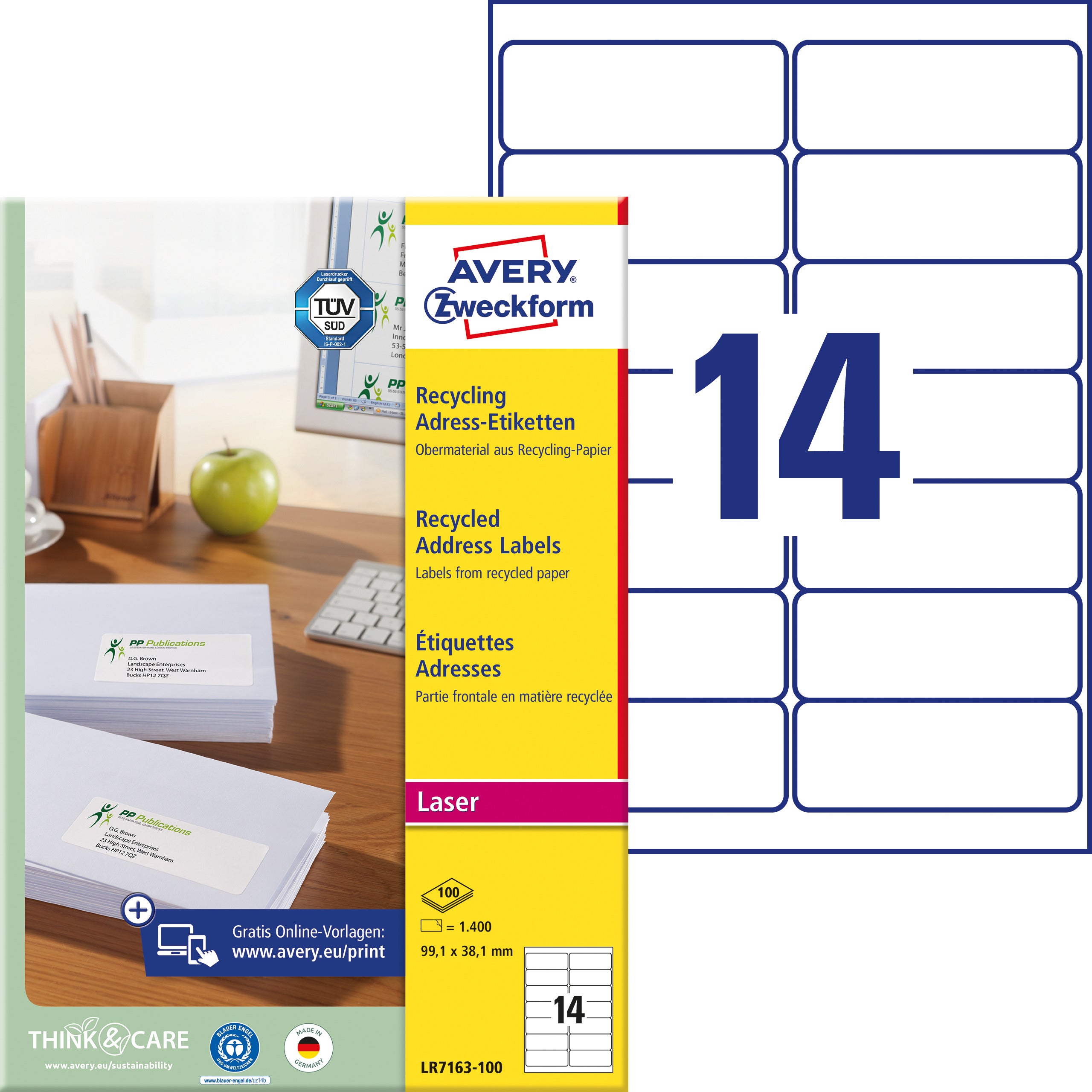 AVERY ZWECKFORM Adressetiketten 99,1x38,1mm LR7163100 recycling 1400 Stück